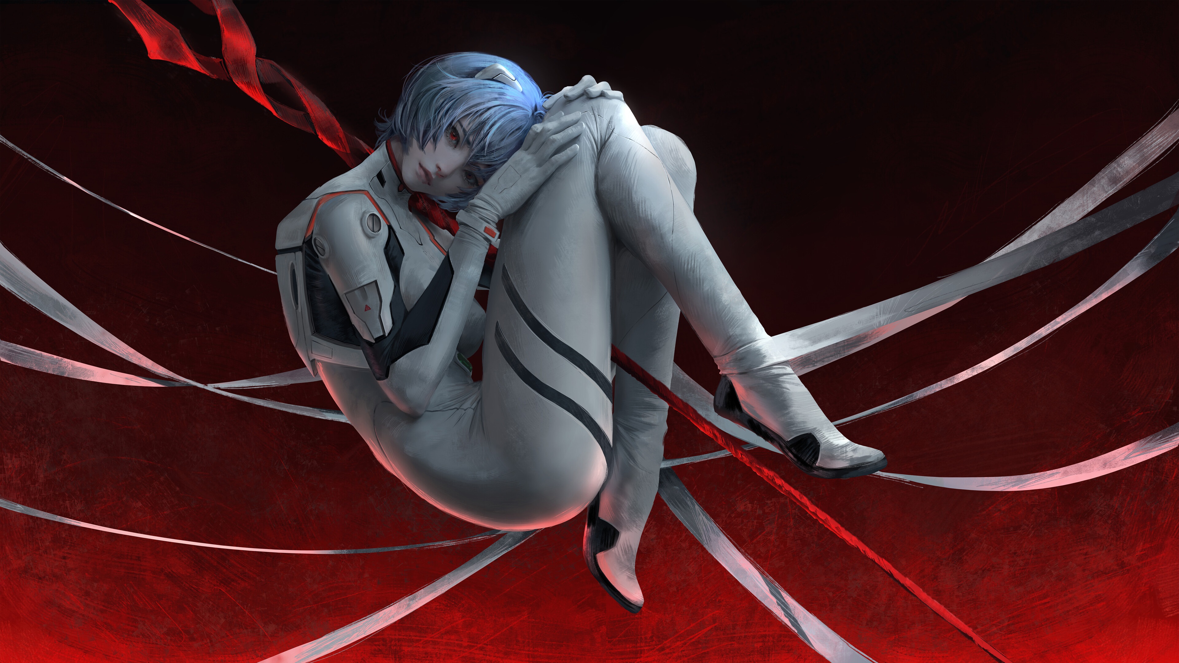 Rei Ayanami curled in white plugsuit with ribbons HD Wallpaper