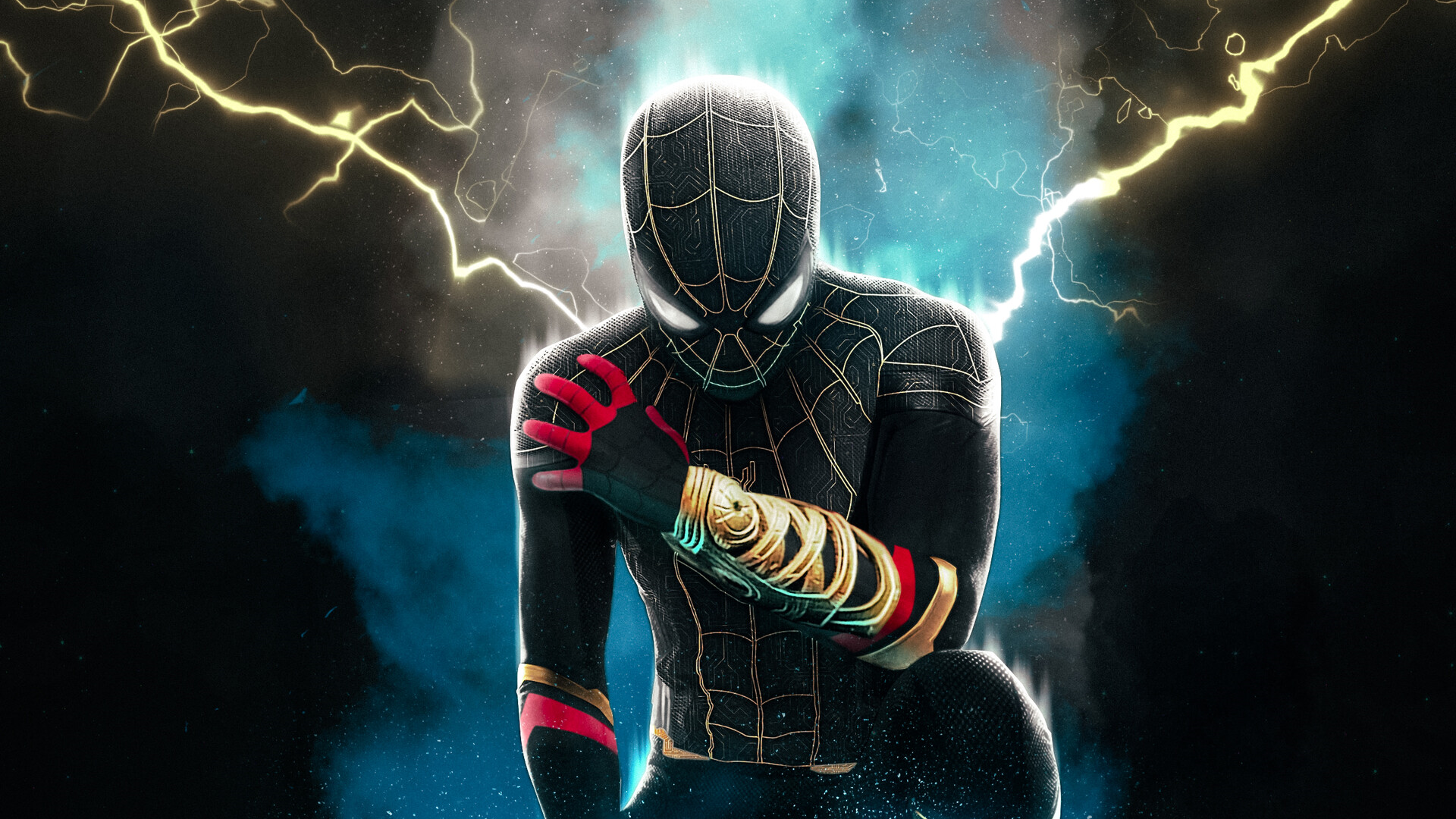 Spider-Man No Way Home Black Gold Suit Lightning HD Wallpaper