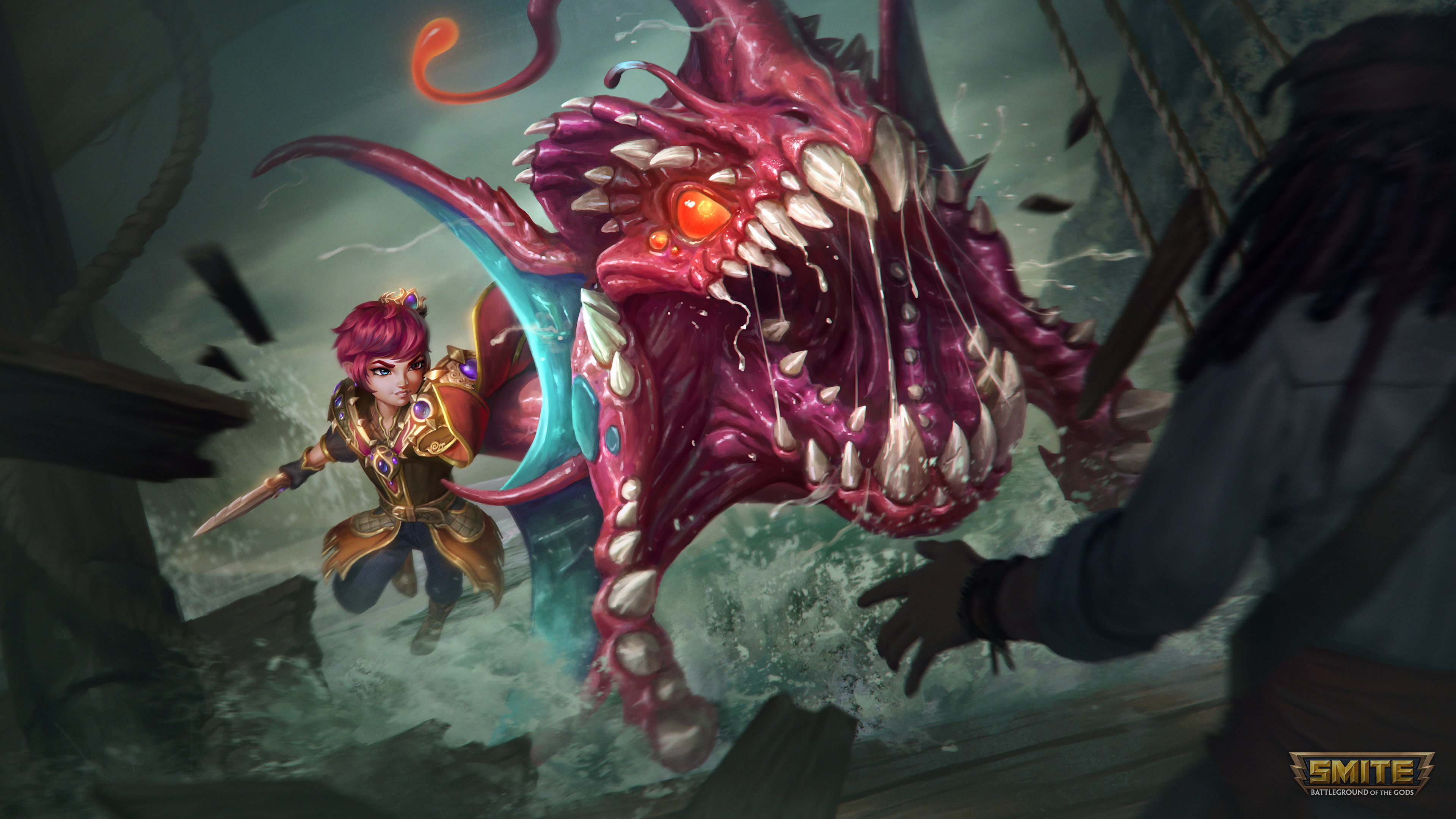 Smite Whirling Waters Charybdis battling a sea monster HD Wallpaper