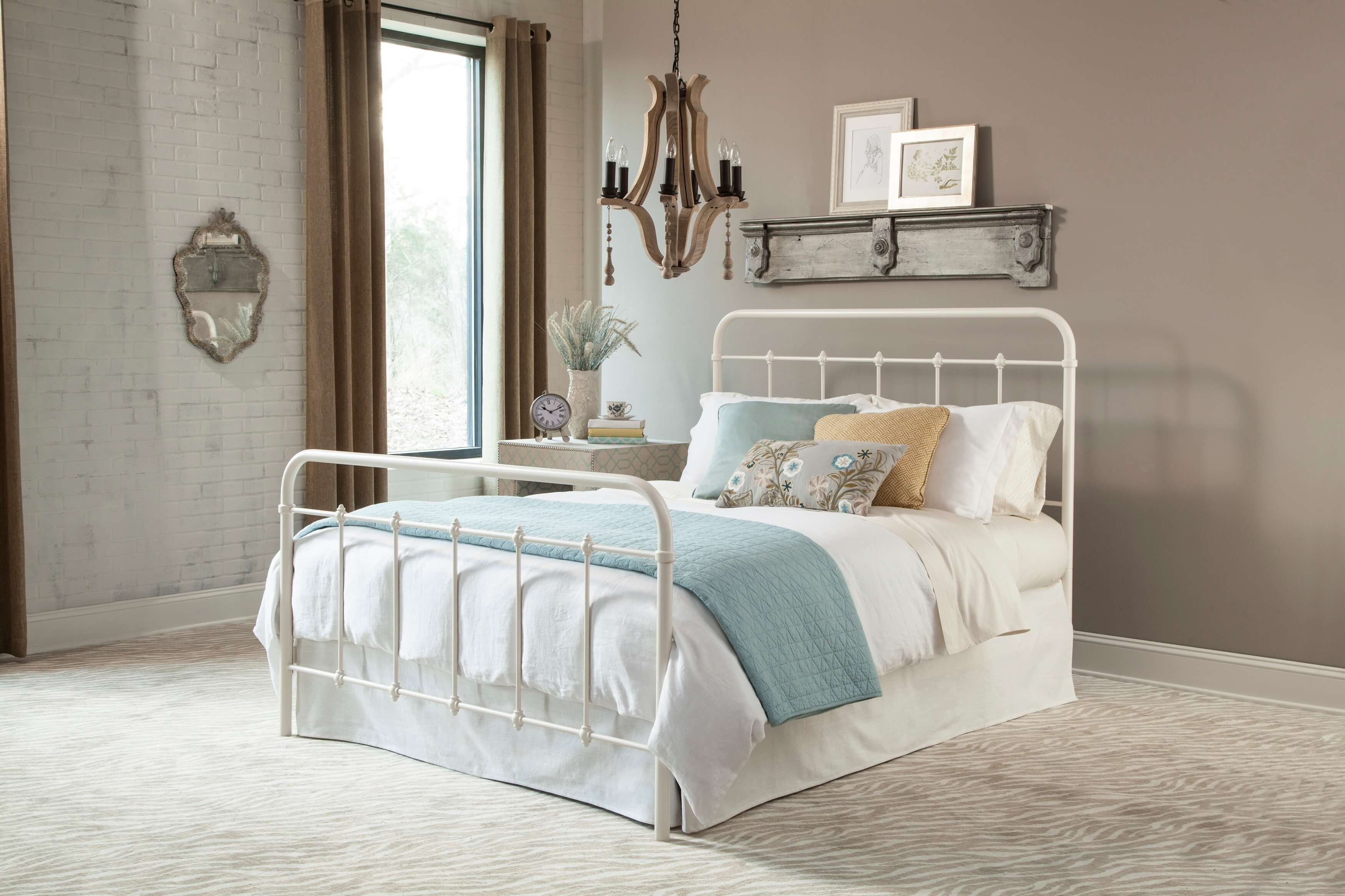 Rustic Bedroom with White Metal Bed HD Wallpaper