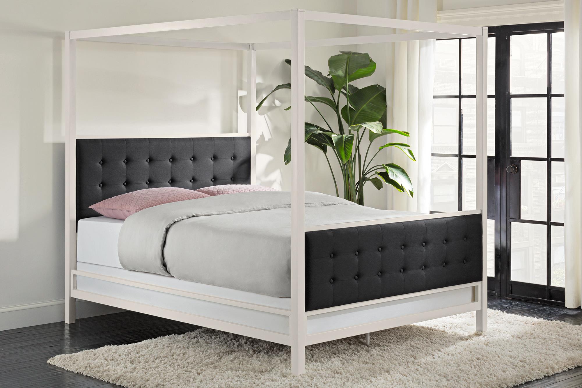 White Canopy Bed with Black Tufted Headboard HD Wallpaper
