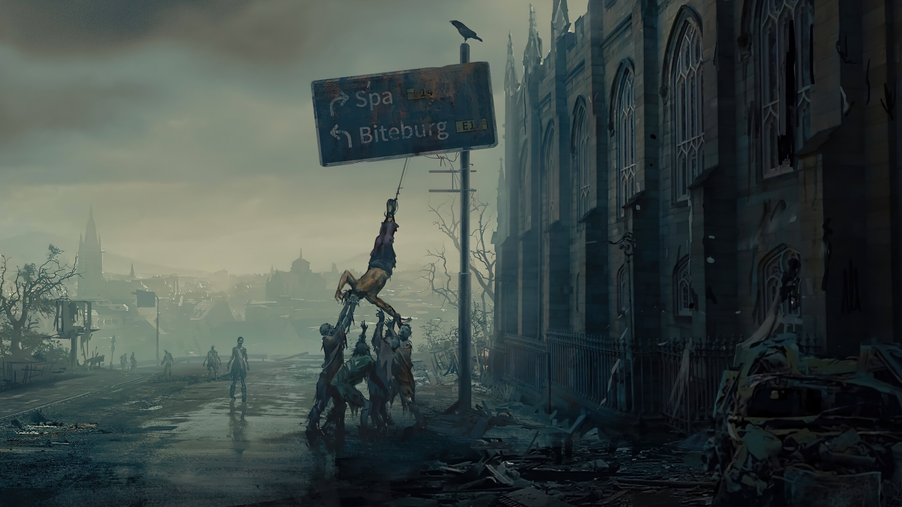 Dying Light 2: Biteburg sign, zombies, and hanging victim HD Wallpaper