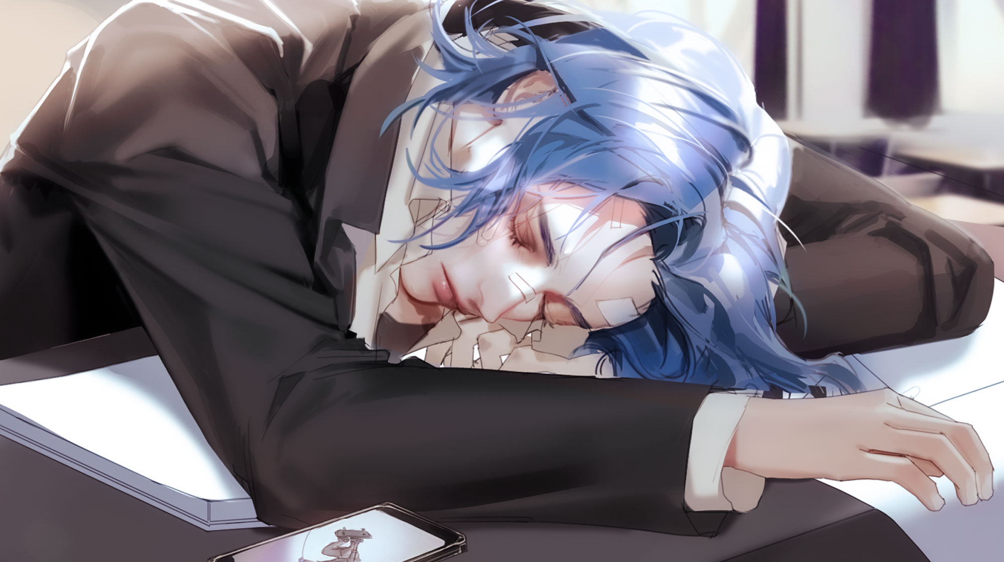 Langa Hasegawa sleeping on desk with bandages HD Wallpaper