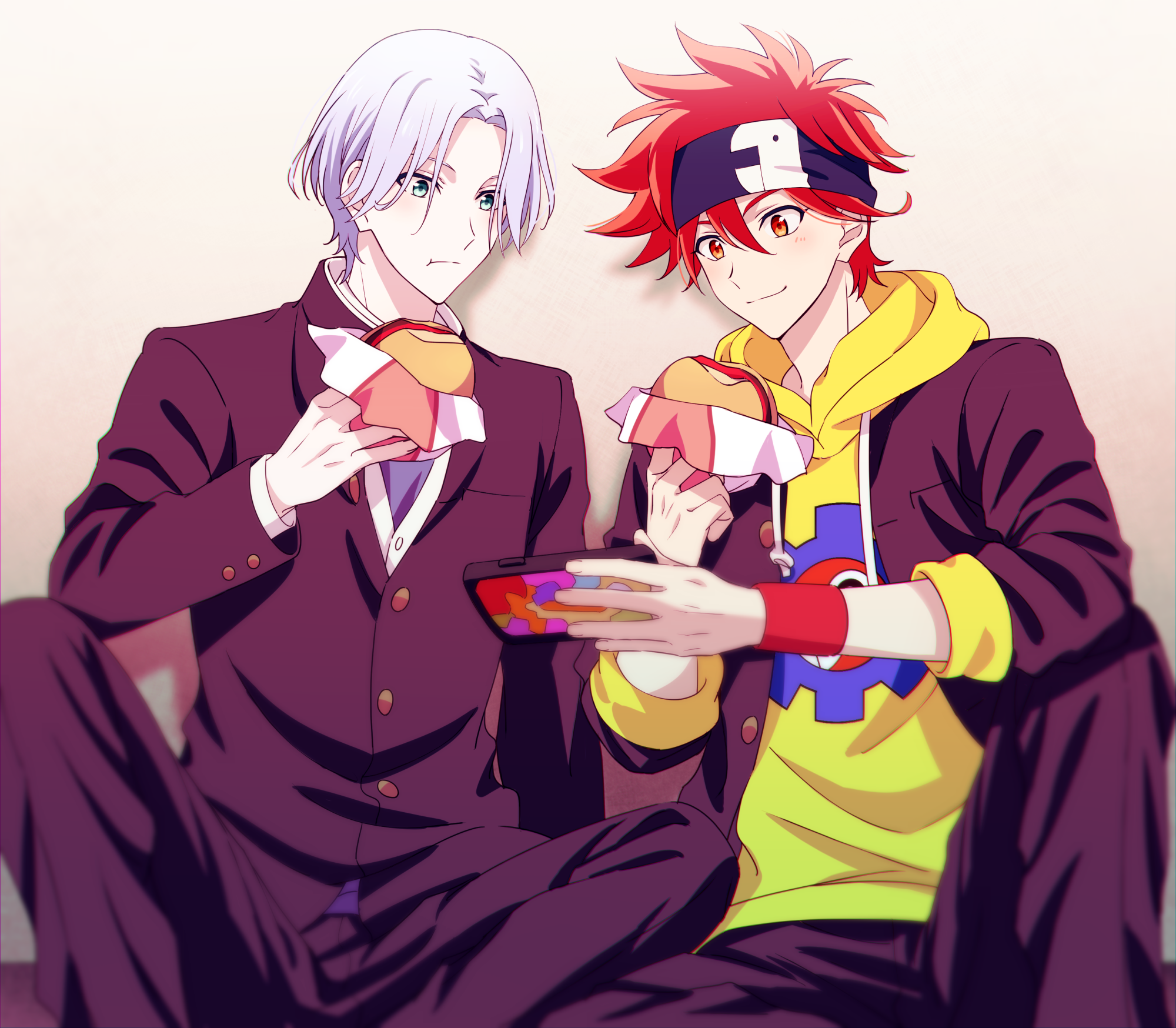 Langa Hasegawa and Reki Kyan eating hot dogs and gaming HD Wallpaper