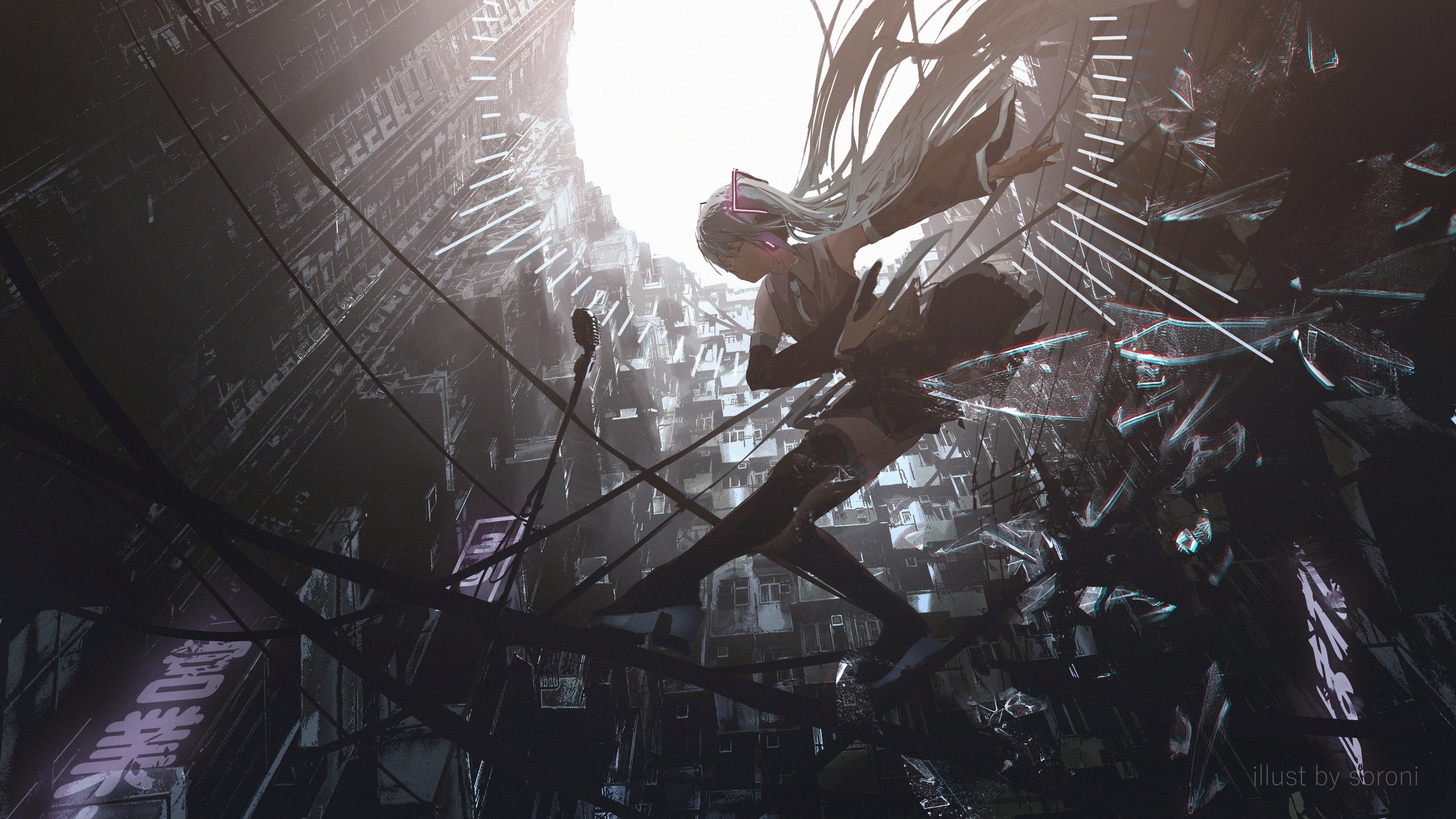 Hatsune Miku breaking through the city HD Wallpaper