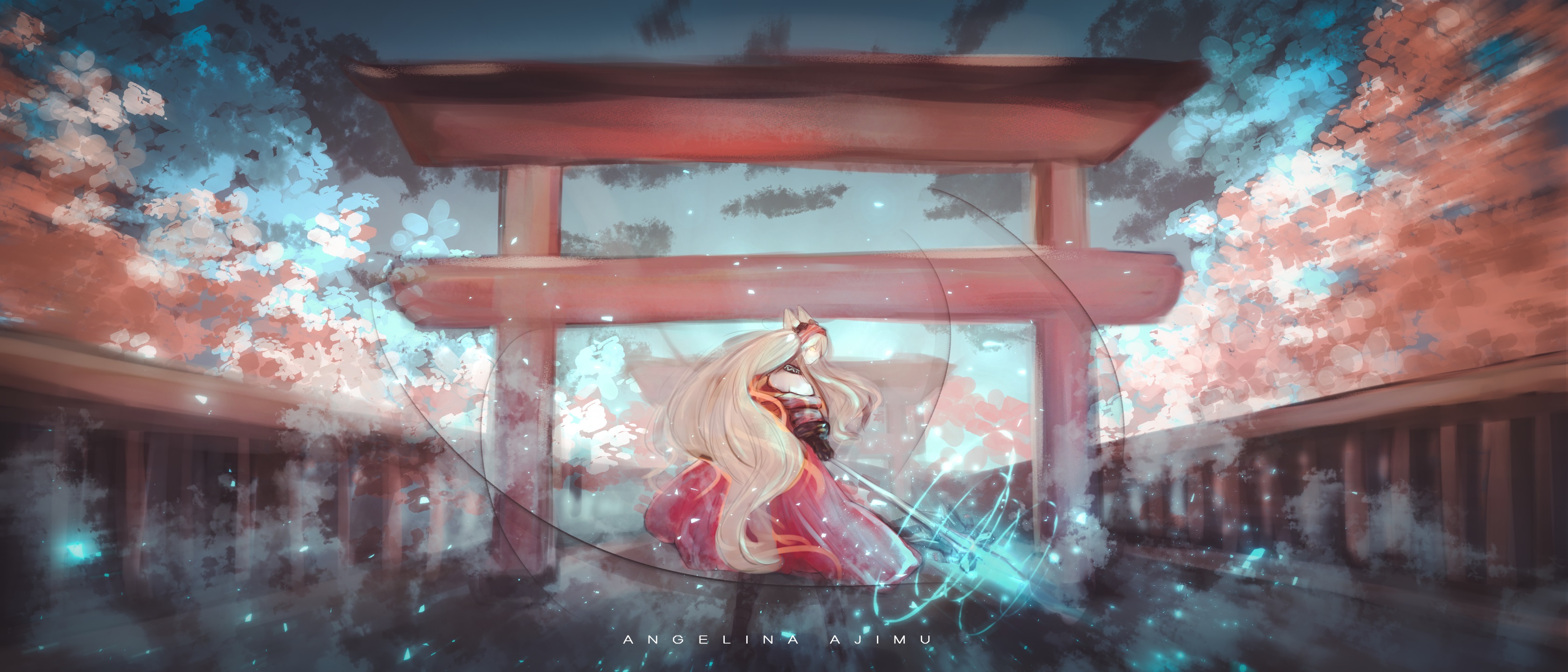 Angelina (Arknights) at Sakura Shrine with Blue Magic HD Wallpaper