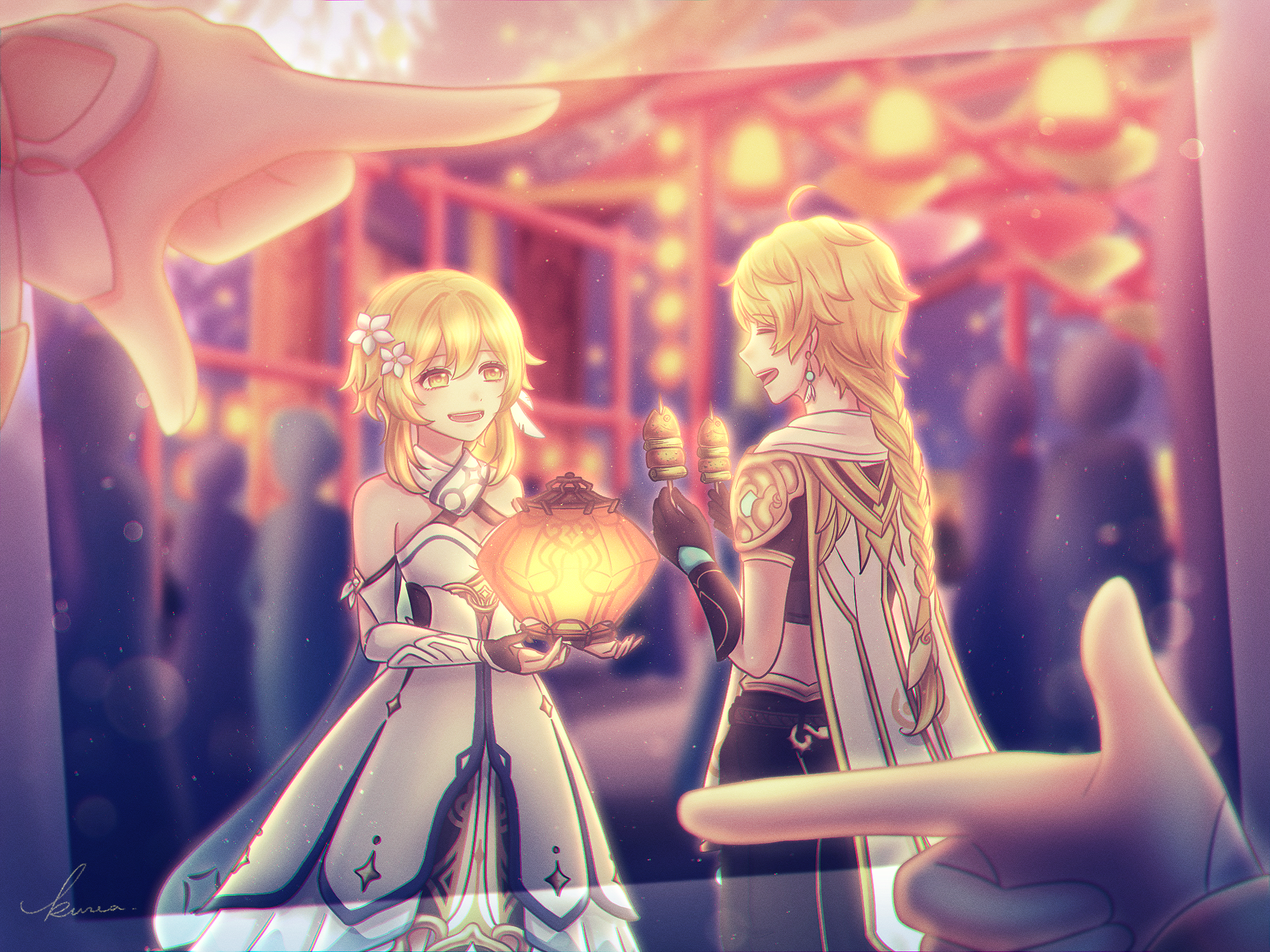 Genshin Impact: Lumine and Aether's joyful festival moment HD Wallpaper