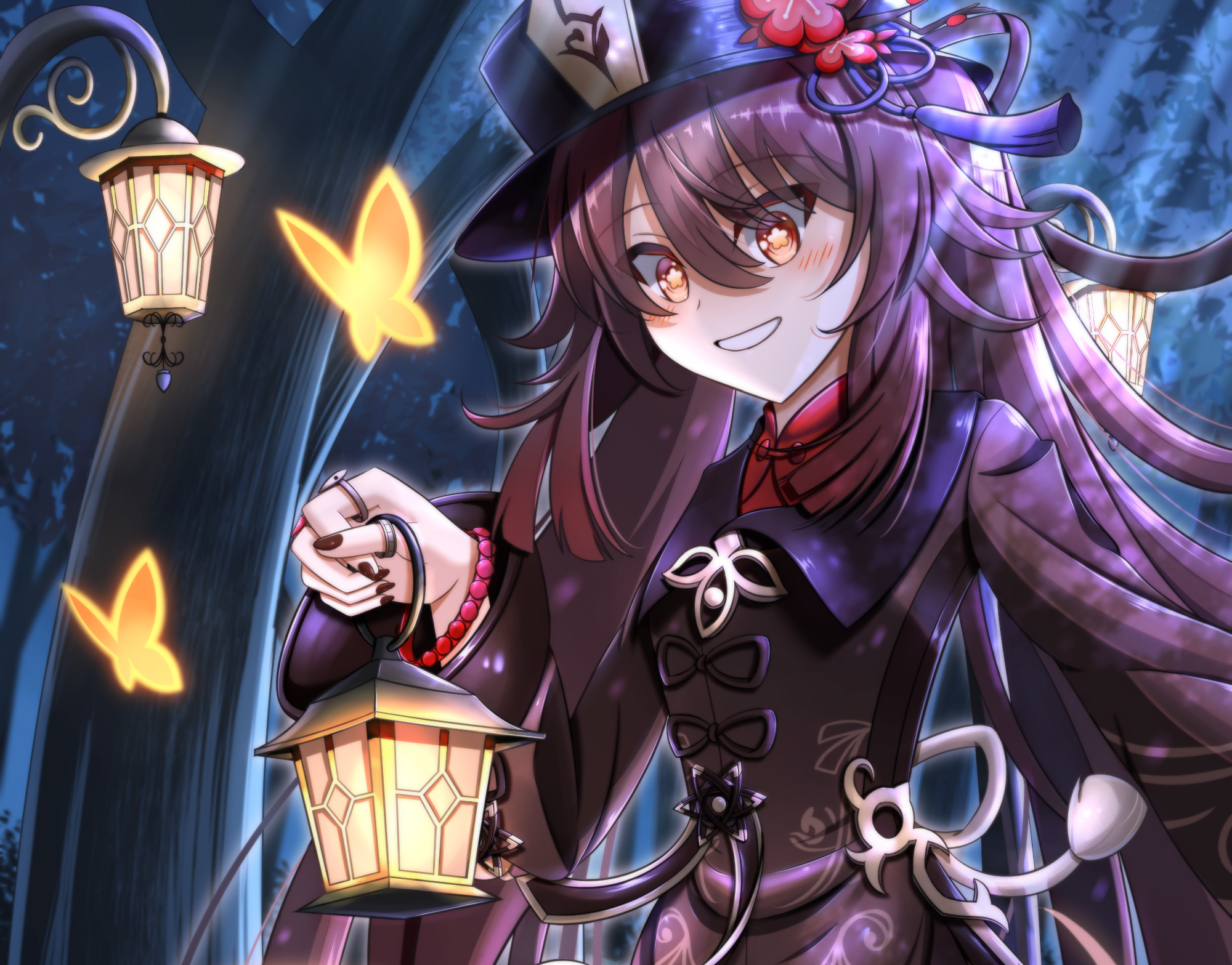 Smiling Hu Tao with lantern and glowing butterflies HD Wallpaper