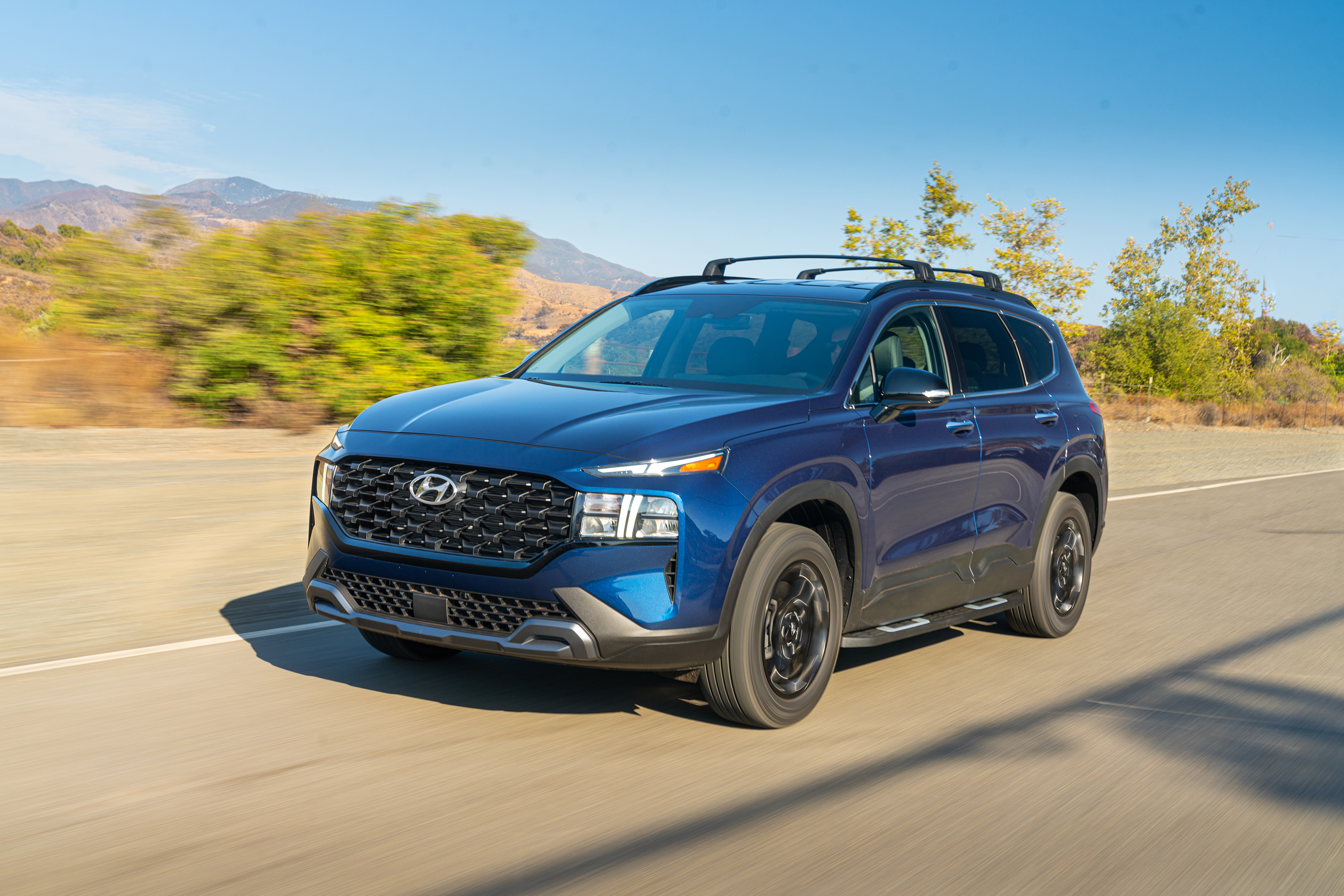 Blue 2022 Hyundai Santa Fe XRT SUV driving HD Wallpaper