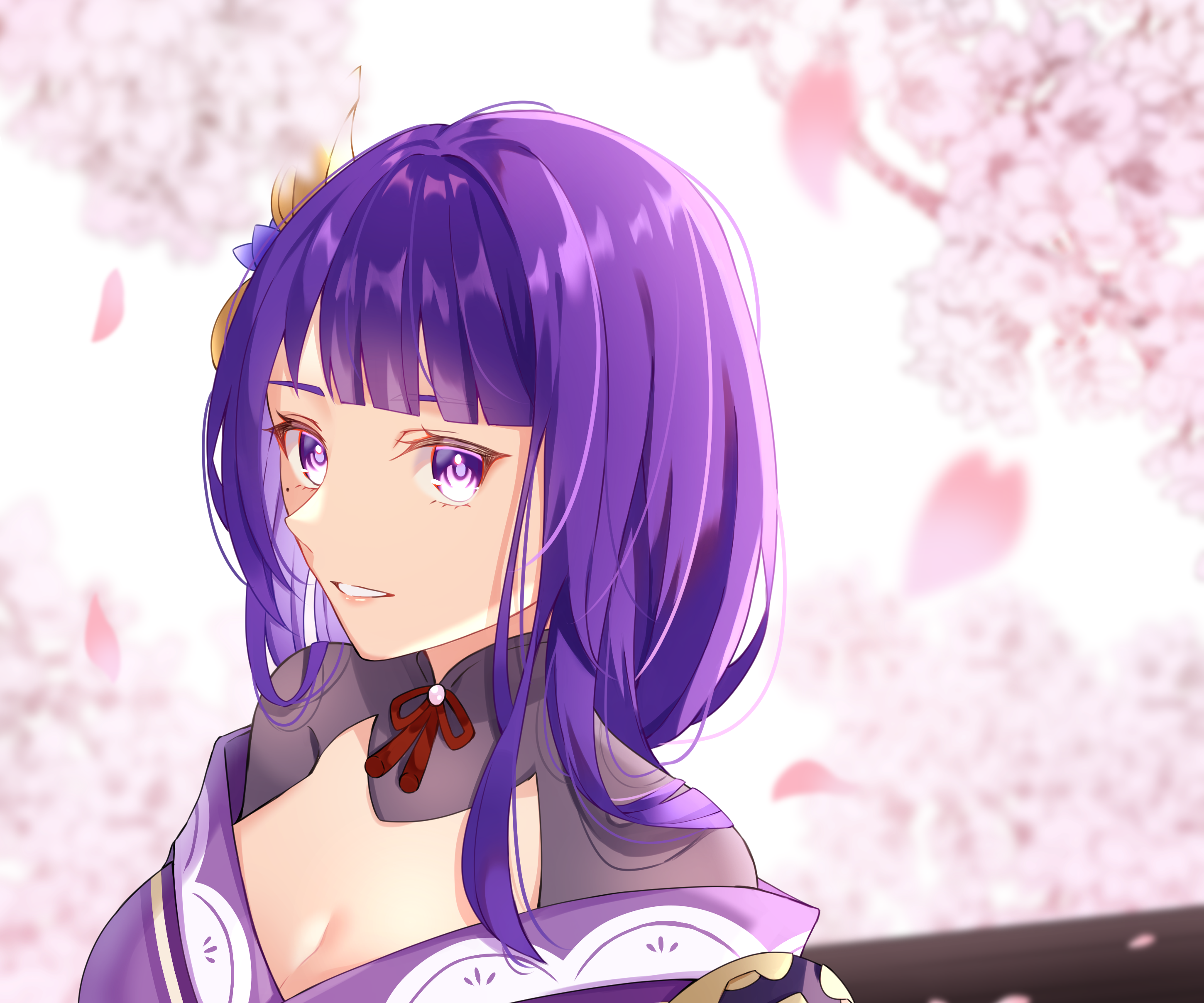 Raiden Shogun smiling under cherry blossoms HD Wallpaper