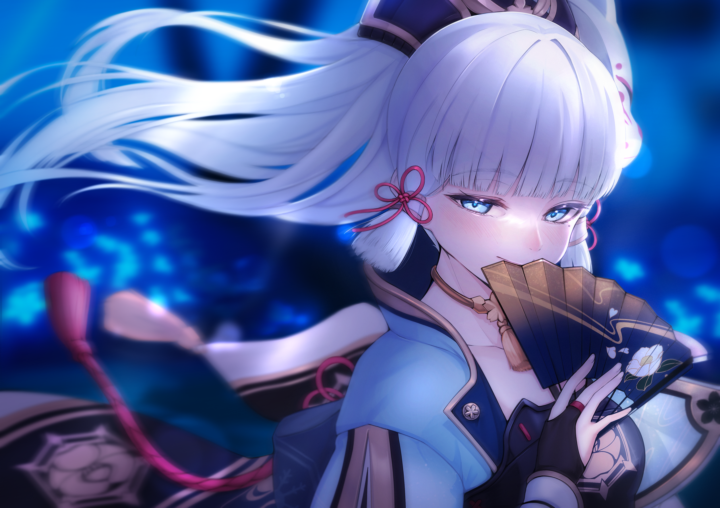 Kamisato Ayaka with fan and glowing blue eyes HD Wallpaper