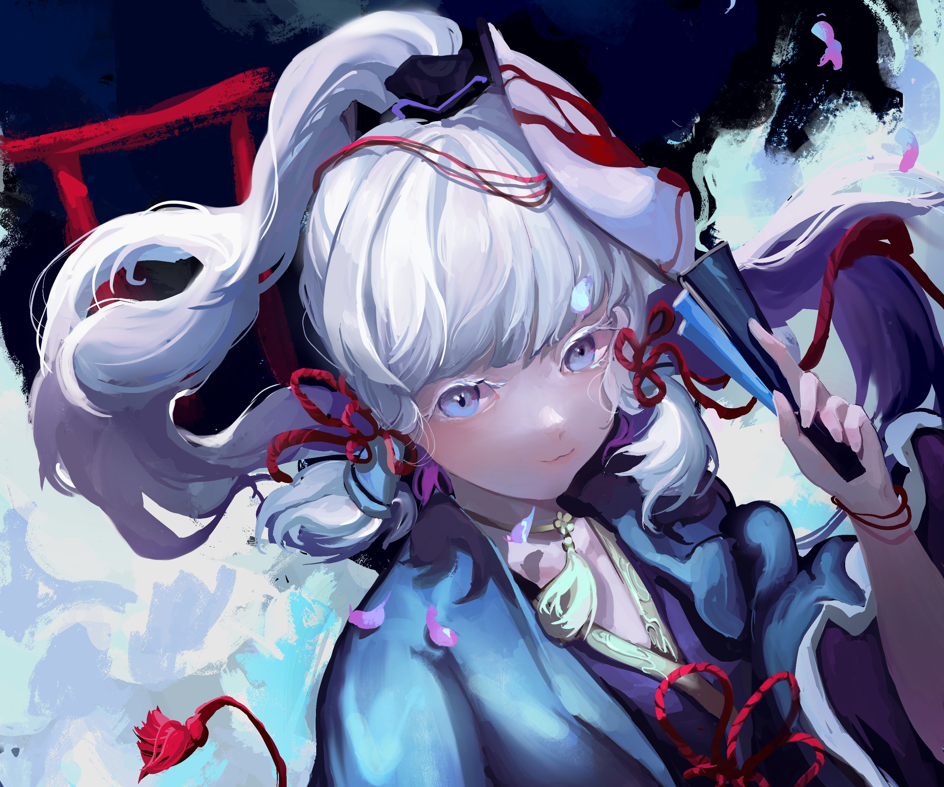 Kamisato Ayaka with Fox Mask and Fan HD Wallpaper
