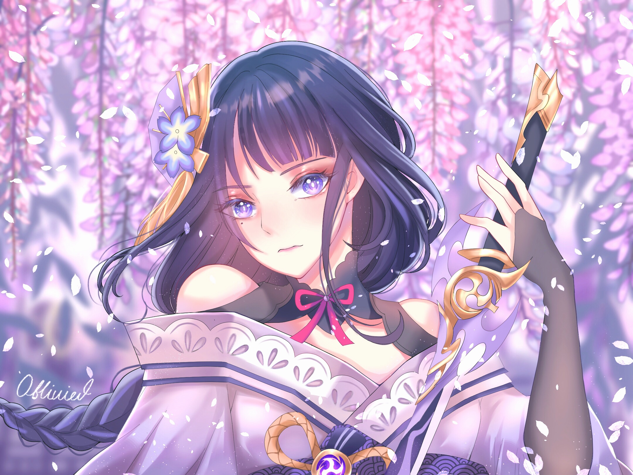 Raiden Shogun holding sword in wisteria garden HD Wallpaper