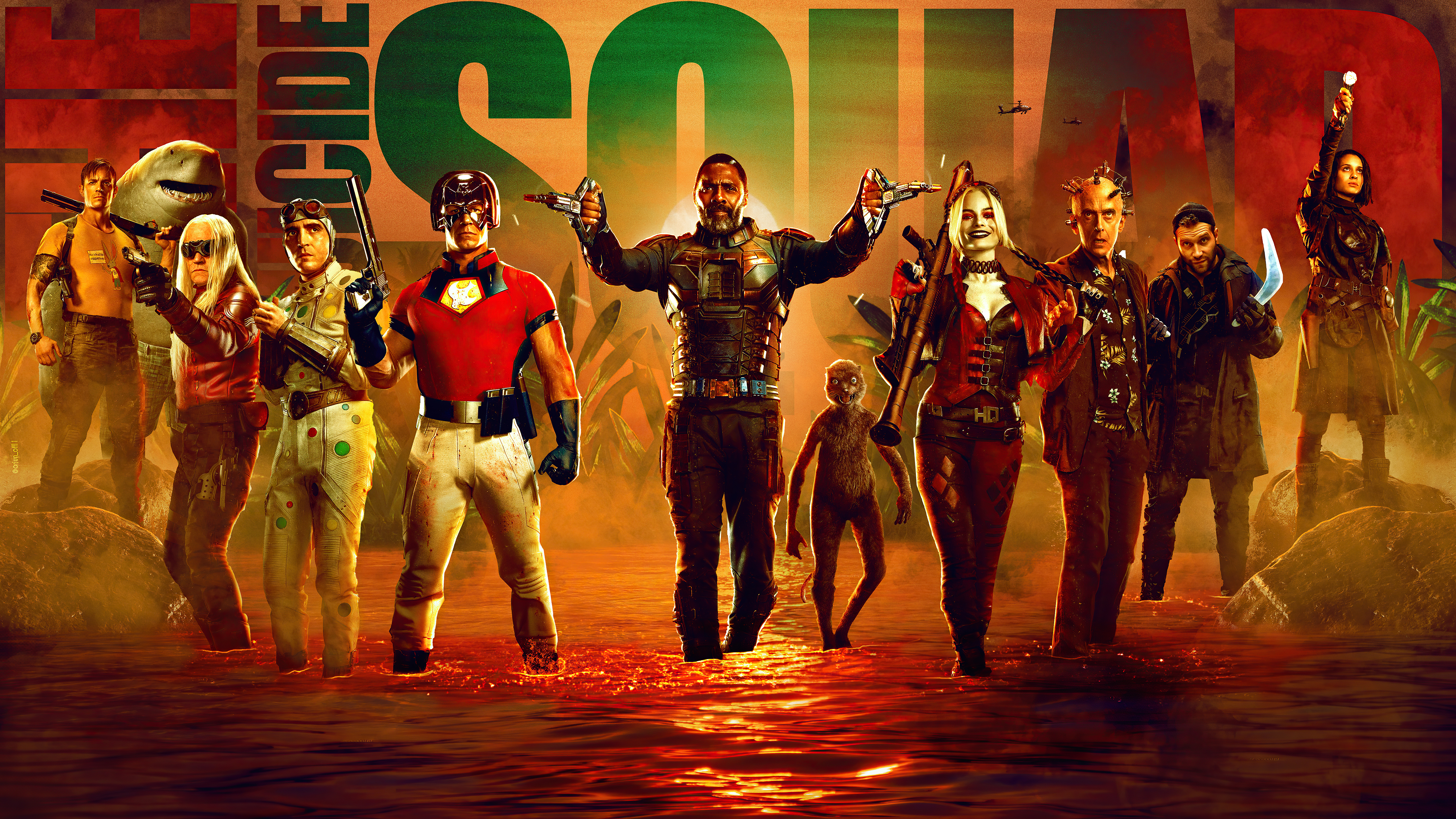 The Suicide Squad characters standing in red water HD Wallpaper