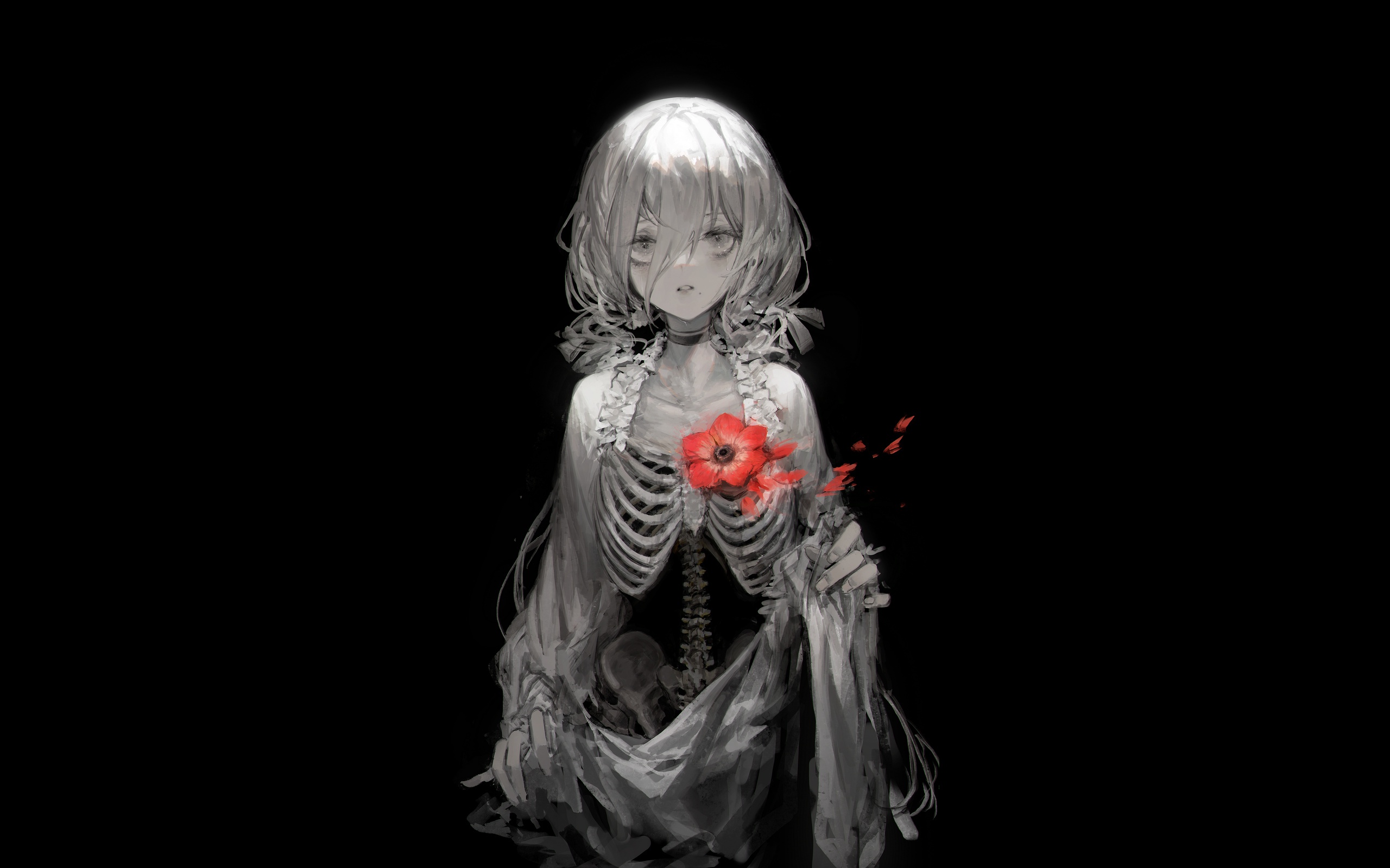Dark Skeleton Woman with Red Flower HD Wallpaper