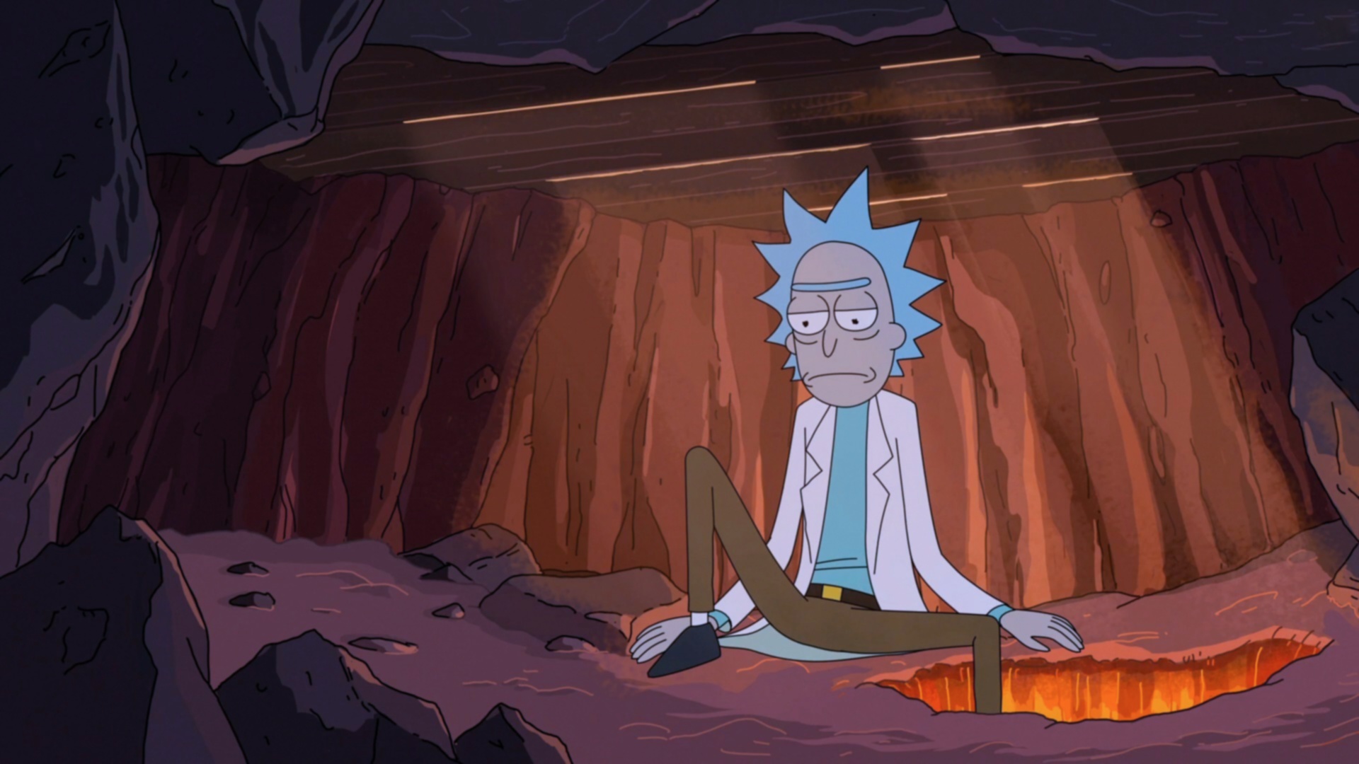 Rick Sanchez looking dejected in a cave HD Wallpaper