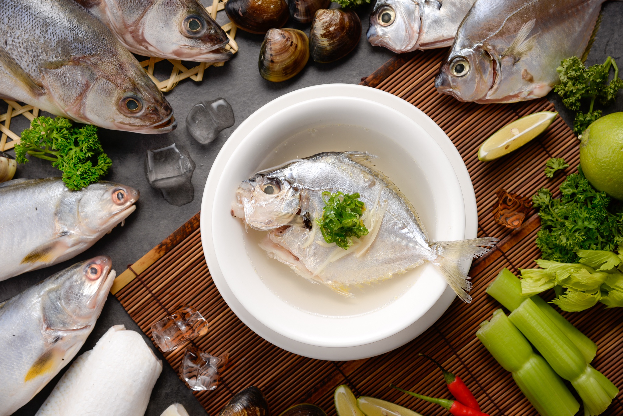 Still Life of Fresh Fish and Seafood Ingredients HD Wallpaper