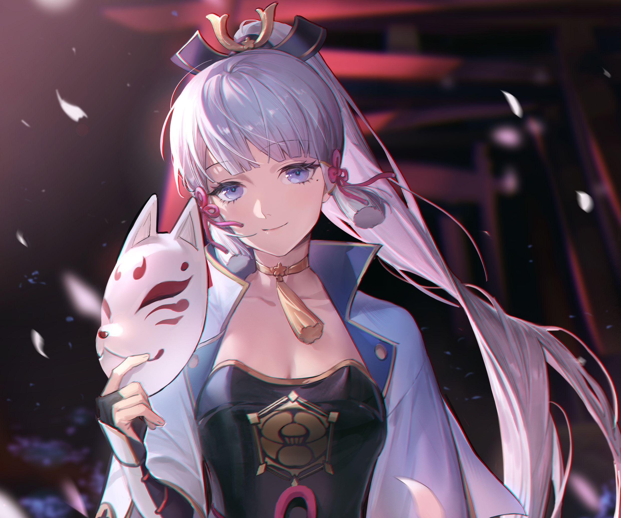 Kamisato Ayaka with Kitsune Mask and Smile HD Wallpaper