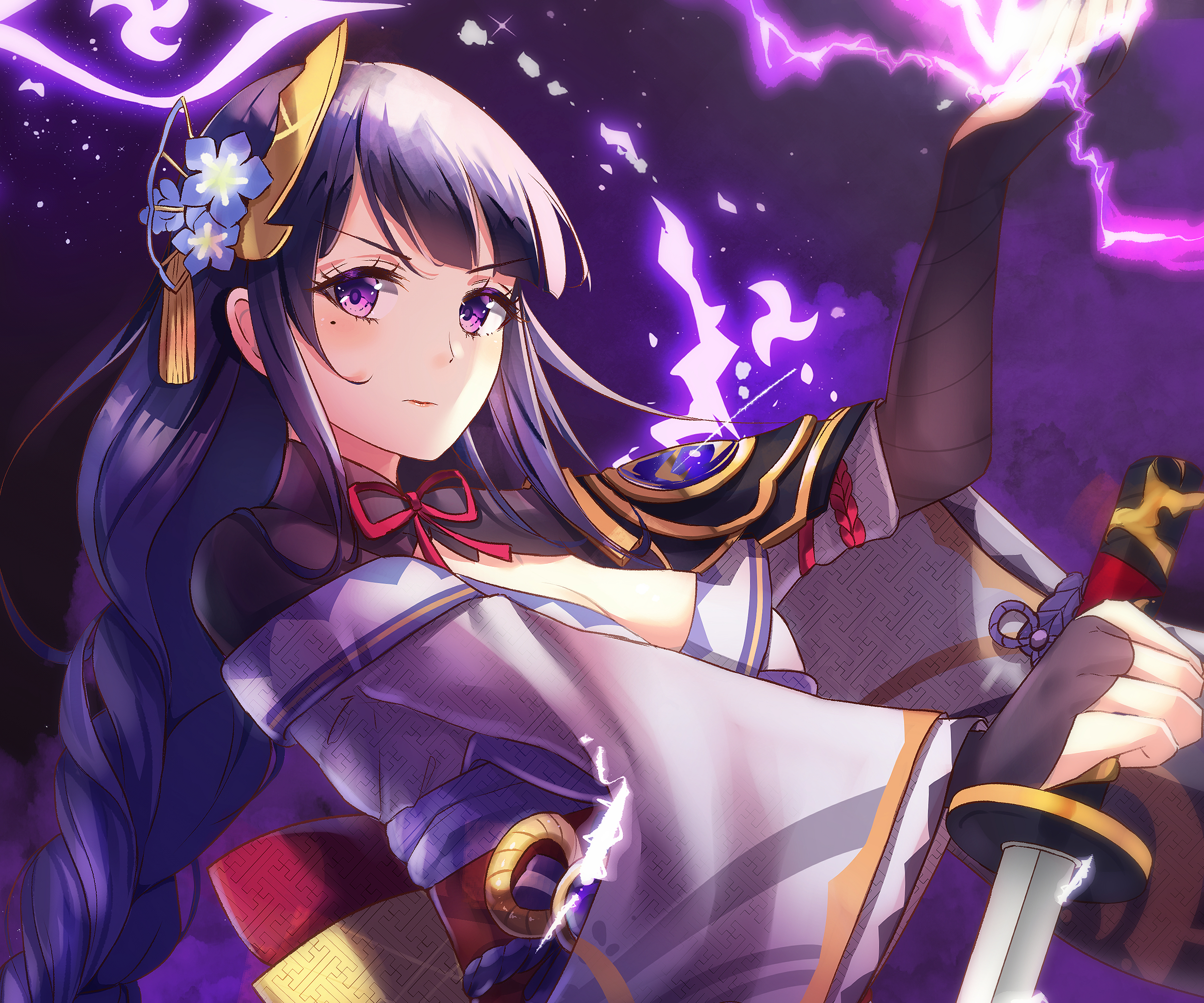 Raiden Shogun wielding lightning and katana HD Wallpaper