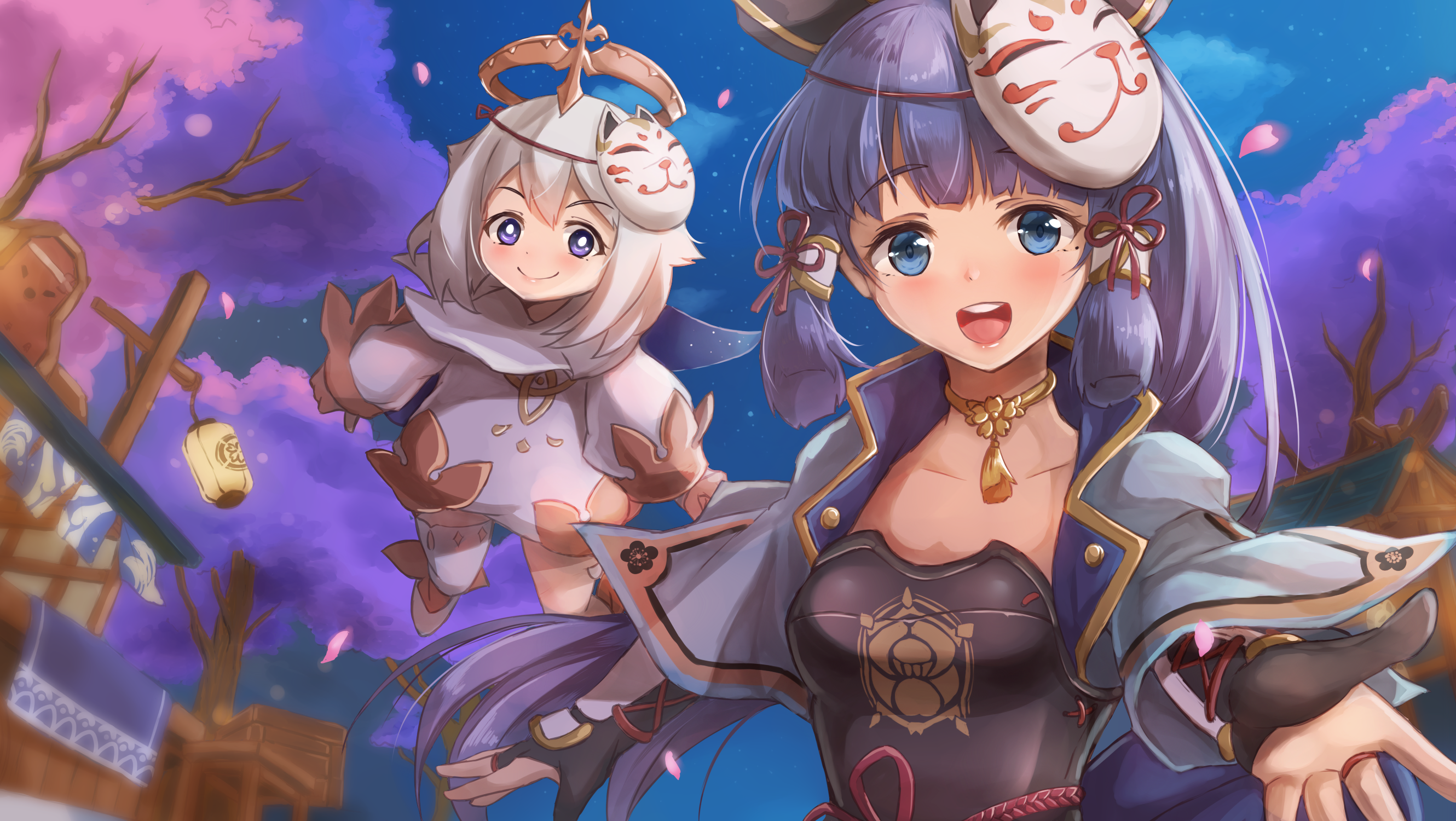Genshin Impact Ayaka and Paimon Cherry Blossom Night HD Wallpaper
