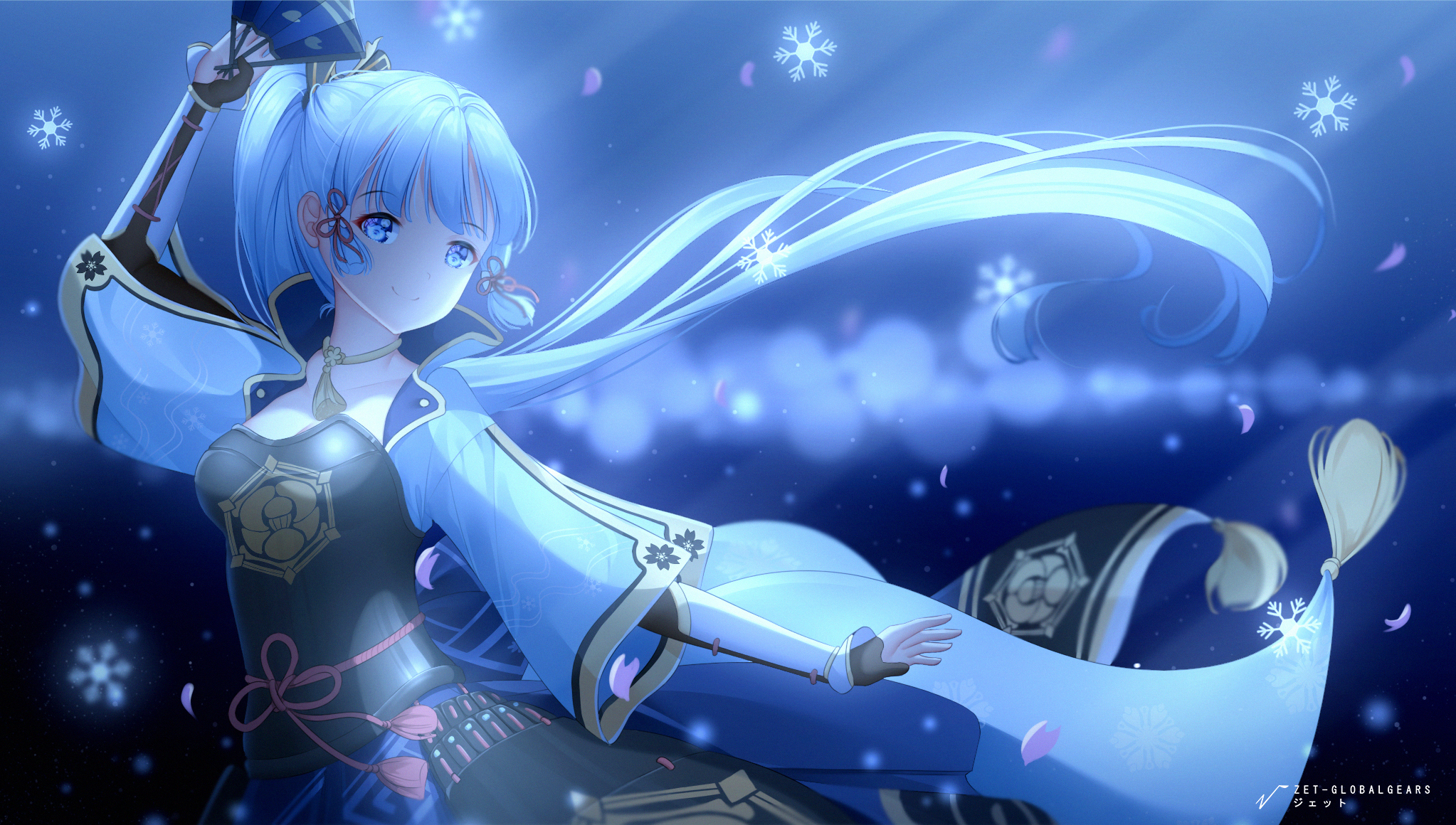 Kamisato Ayaka's icy dance with blue hair and snowflakes HD Wallpaper