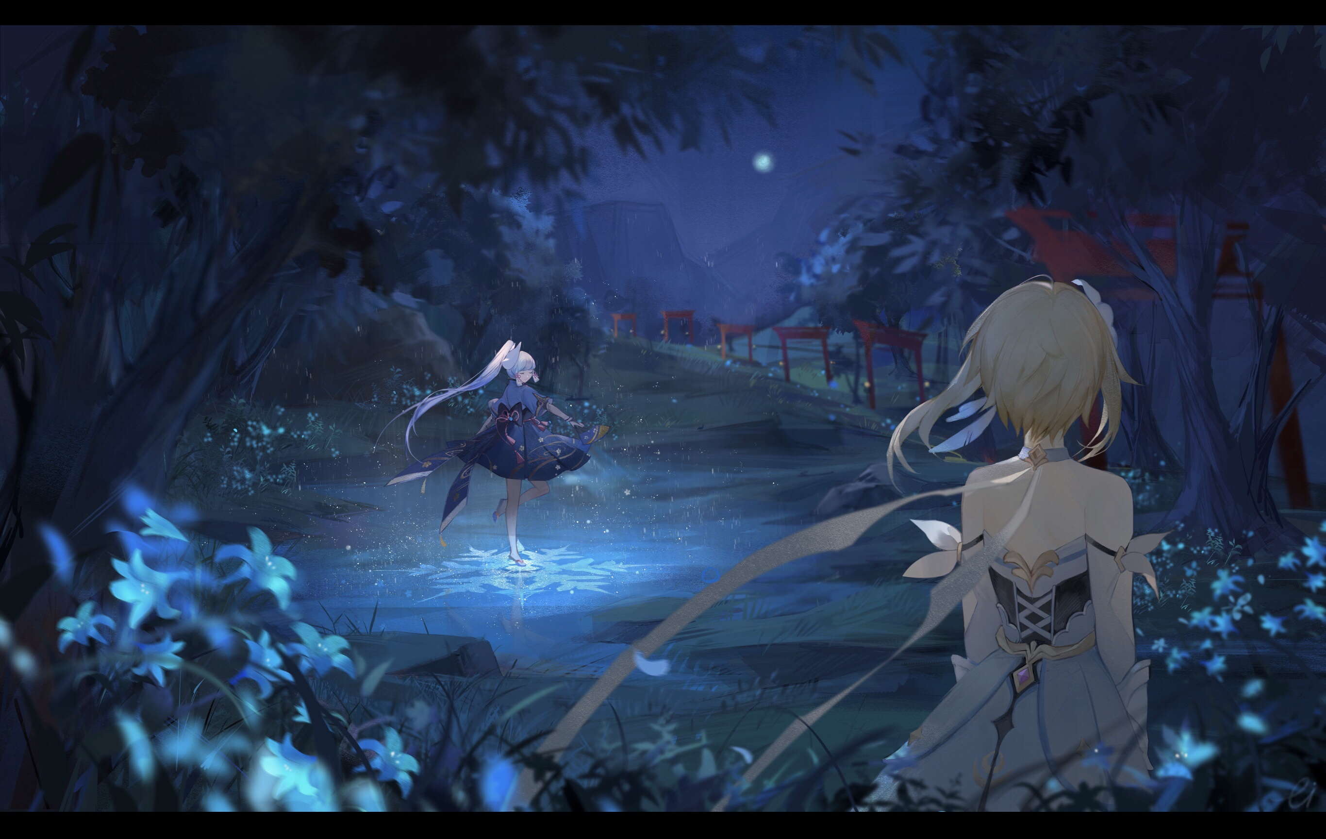 Lumine watches Kamisato Ayaka dance in the moonlight HD Wallpaper