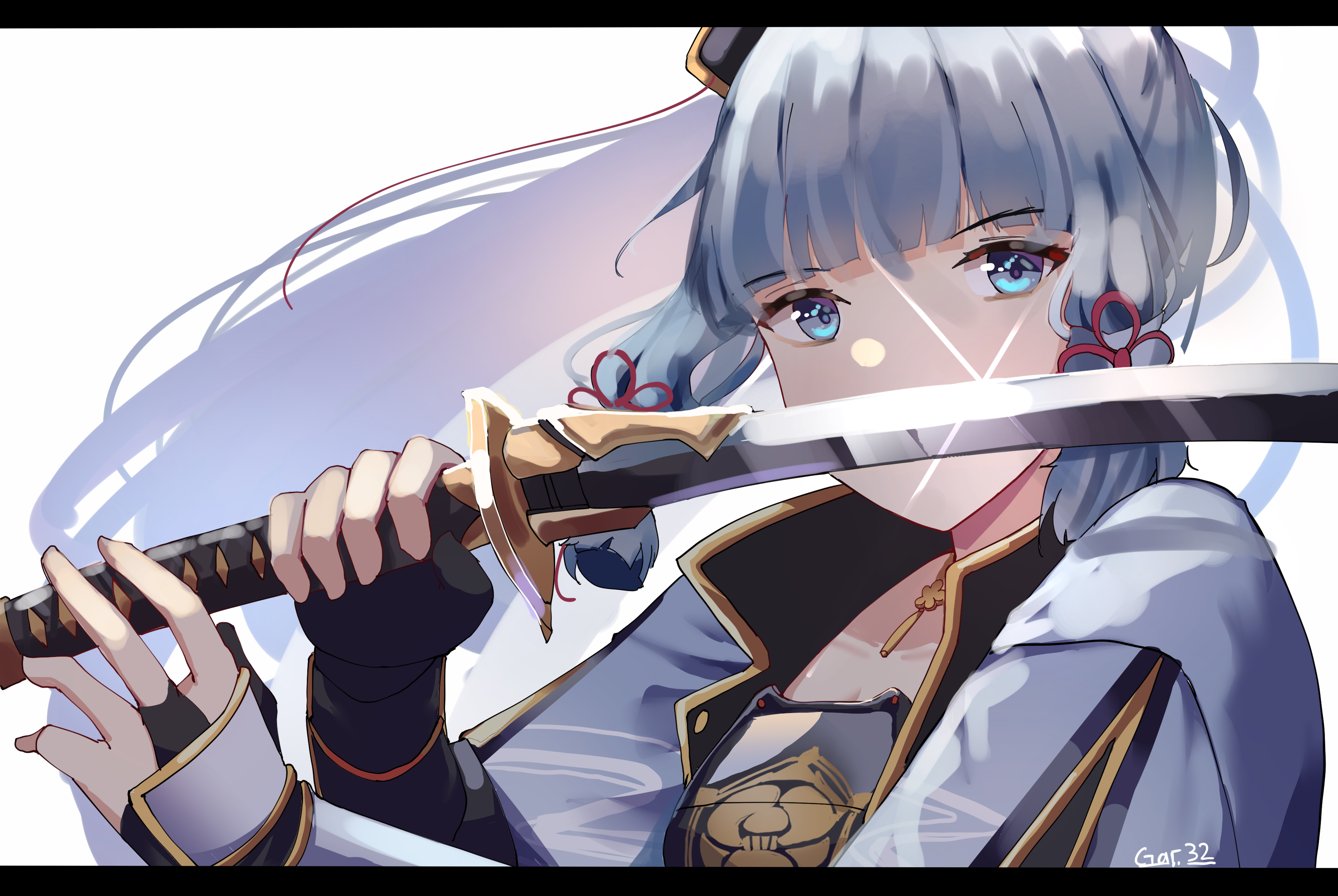 Kamisato Ayaka with katana and striking sword reflection HD Wallpaper