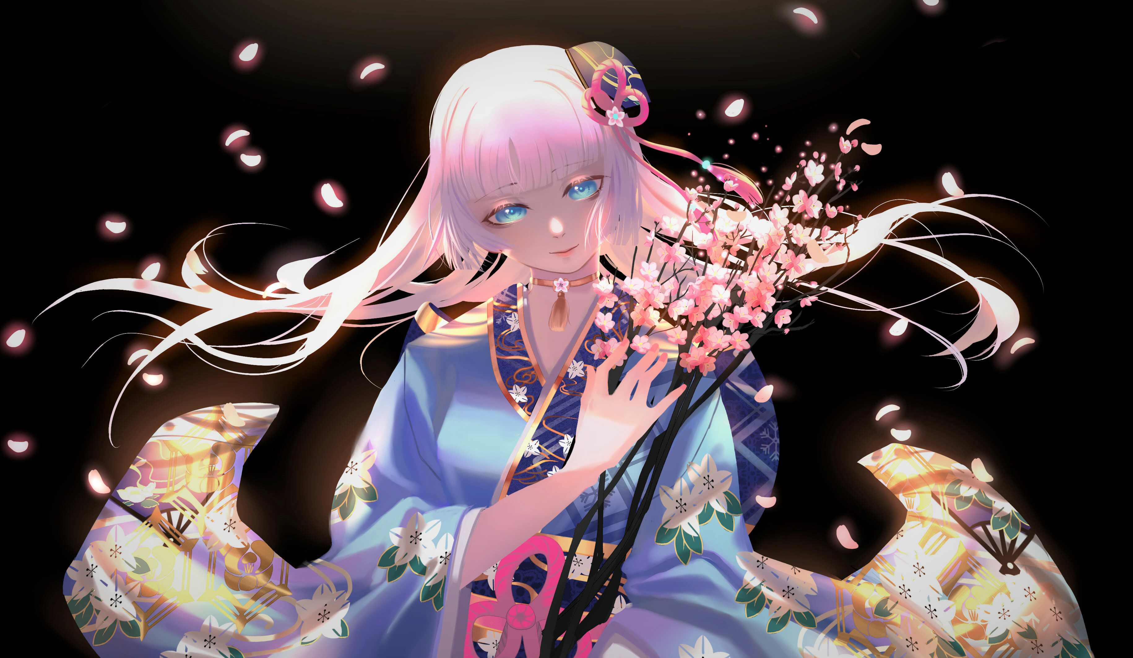 Kamisato Ayaka in Blue Kimono with Cherry Blossoms HD Wallpaper