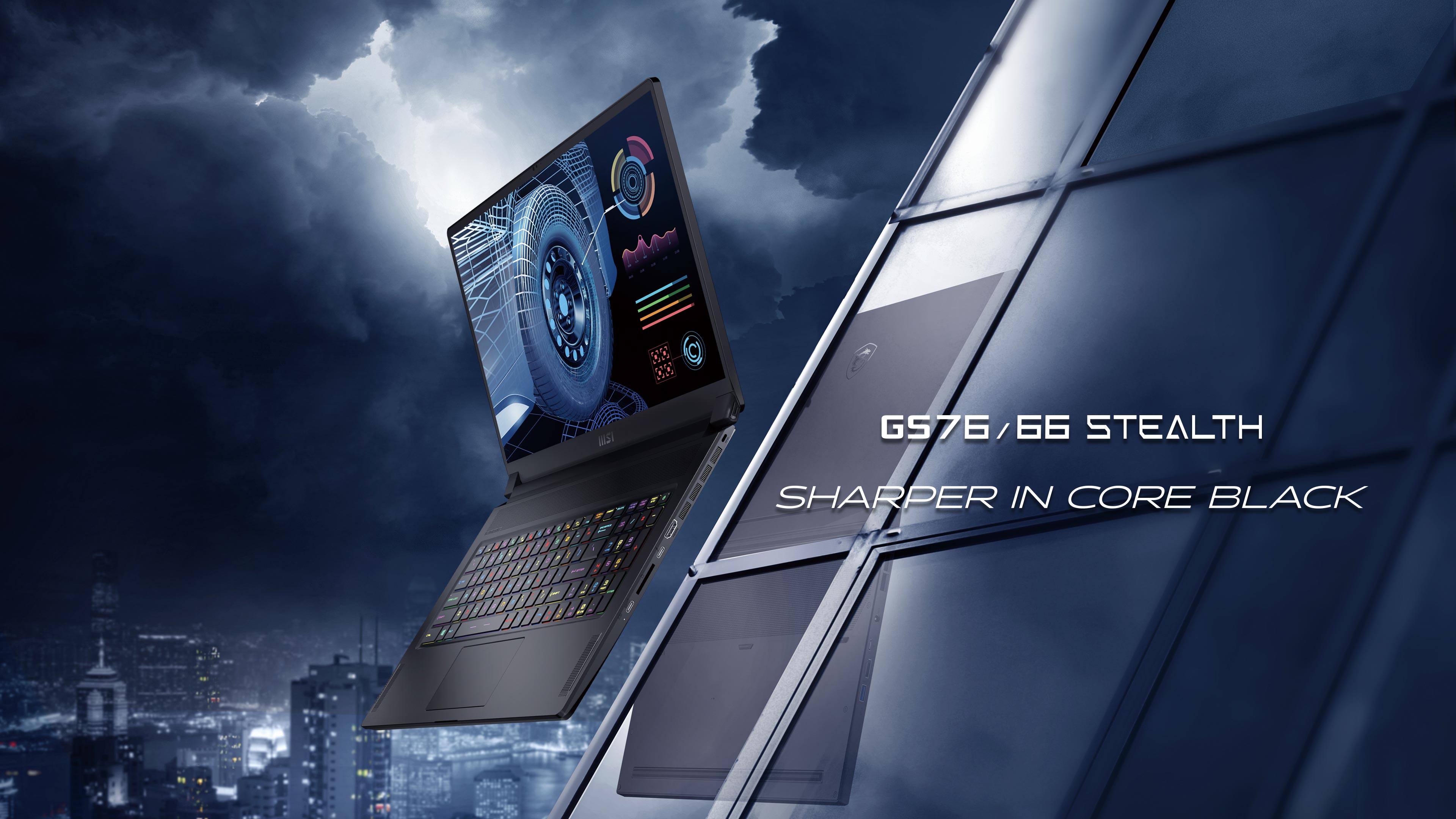 MSI GS76/66 Stealth laptop with 4K screen over city HD Wallpaper
