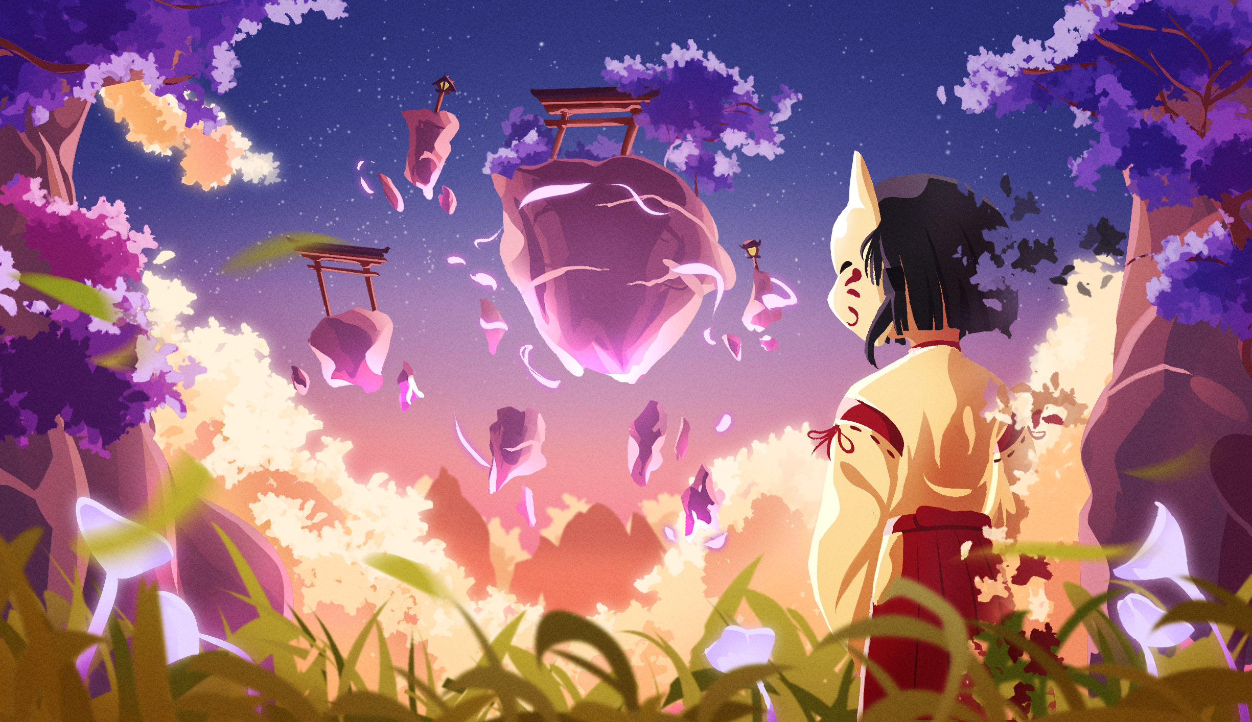 Kazari (Genshin Impact) gazing at mystical floating islands HD Wallpaper