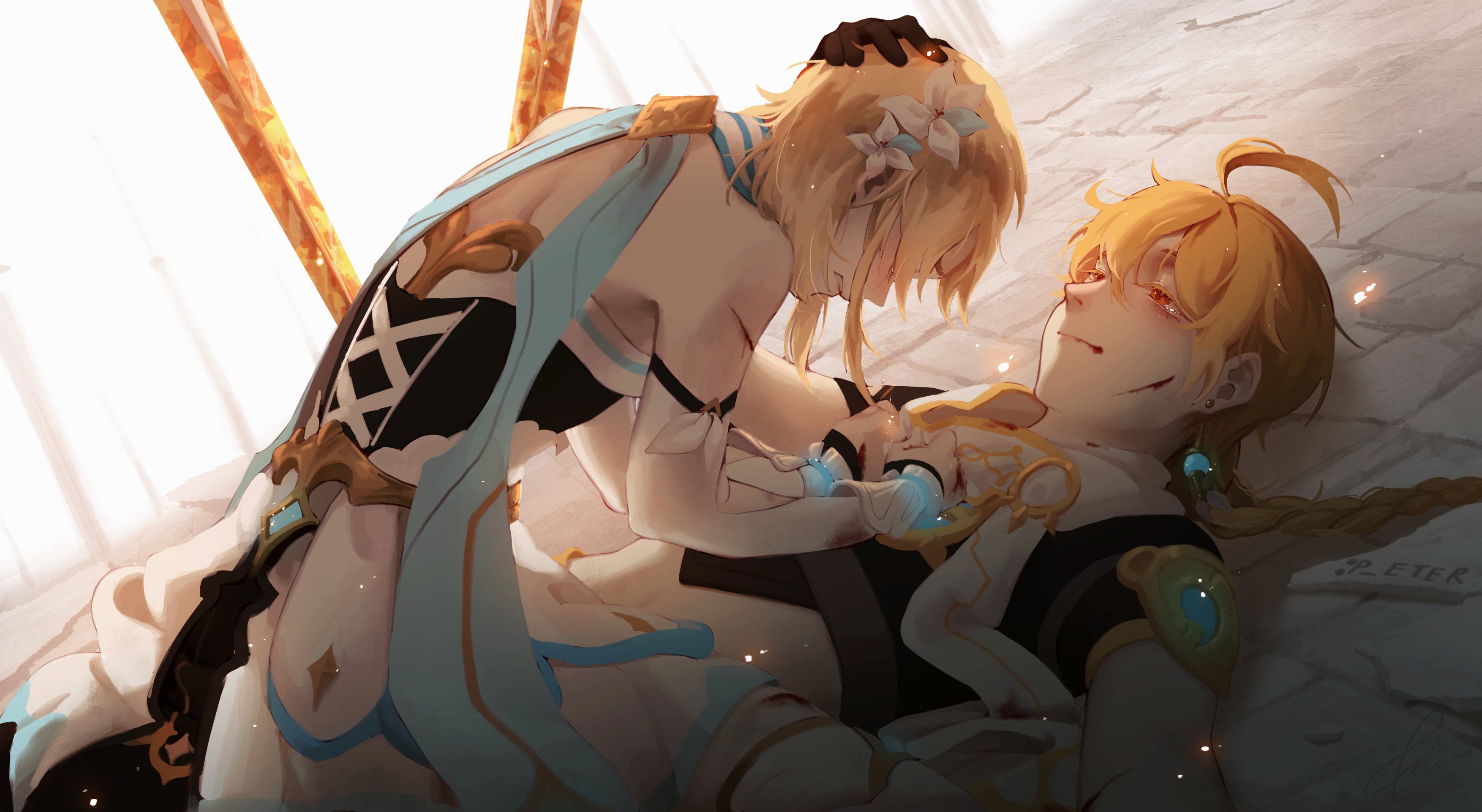 Lumine heals injured Aether in Genshin Impact HD Wallpaper