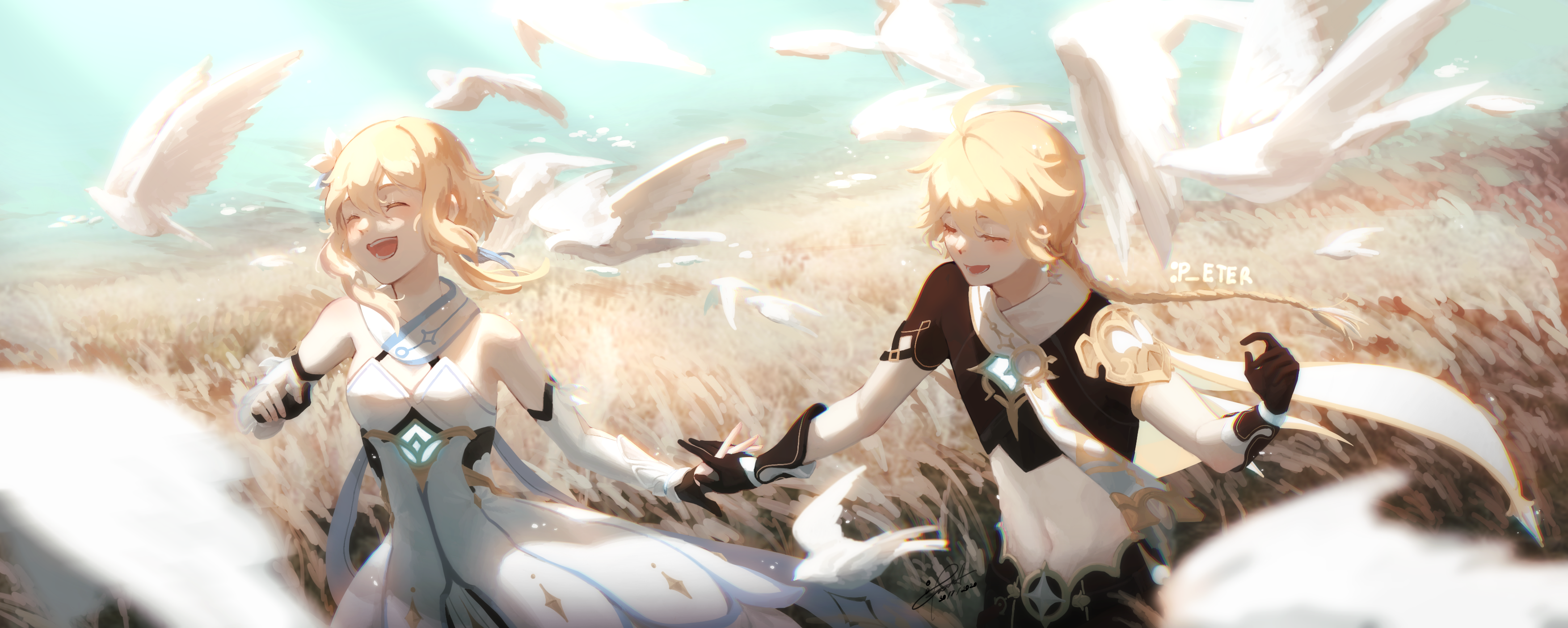 Genshin Impact: Lumine and Aether's joyful run HD Wallpaper
