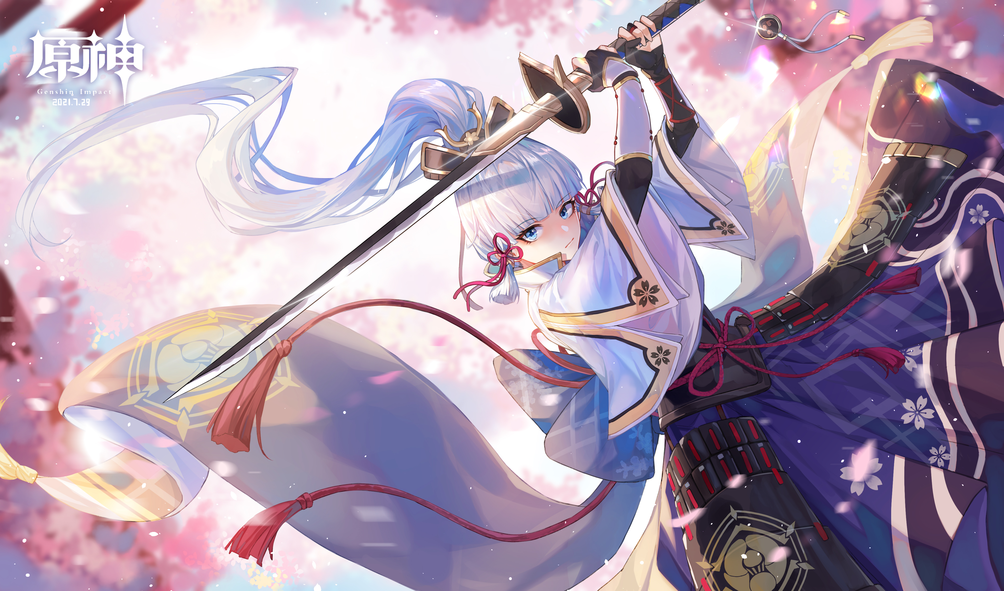 Genshin Impact Kamisato Ayaka wielding sword in cherry blossoms HD Wallpaper