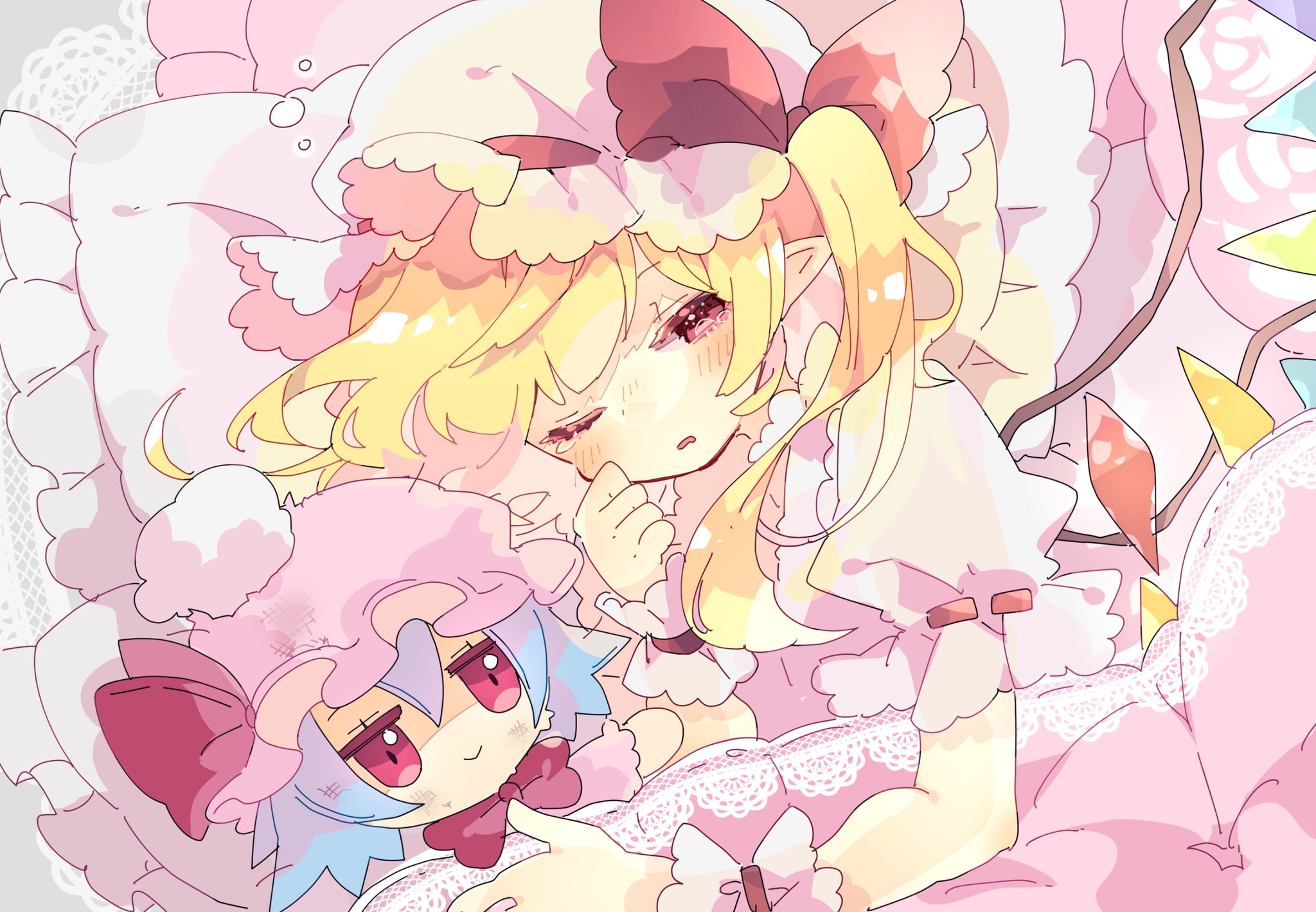 Flandre Scarlet with cute Remilia plushie HD Wallpaper