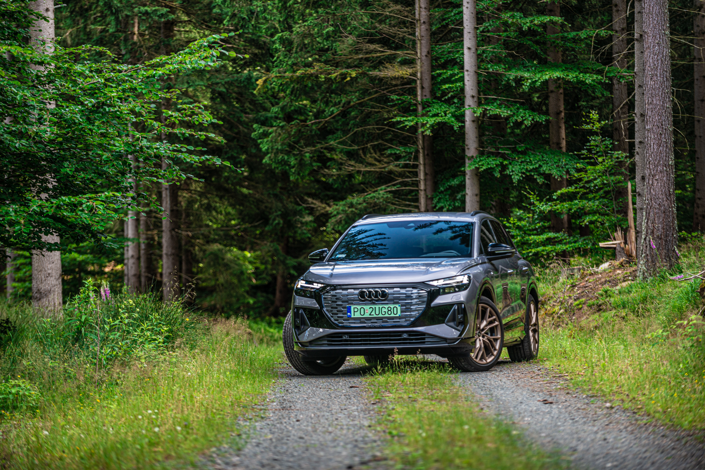 Audi Q4 e-tron electric SUV on a forest path HD Wallpaper