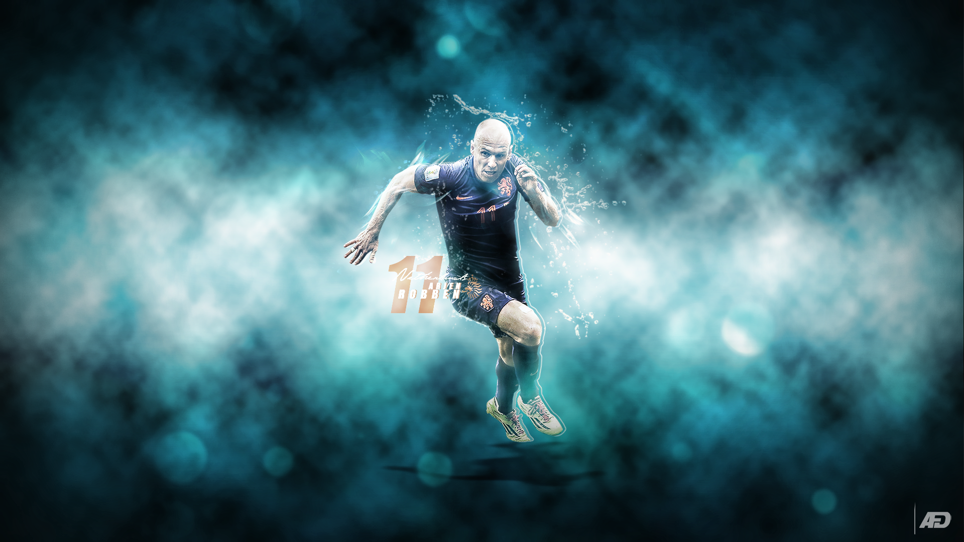 Arjen Robben #11 running with water and blue mist HD Wallpaper
