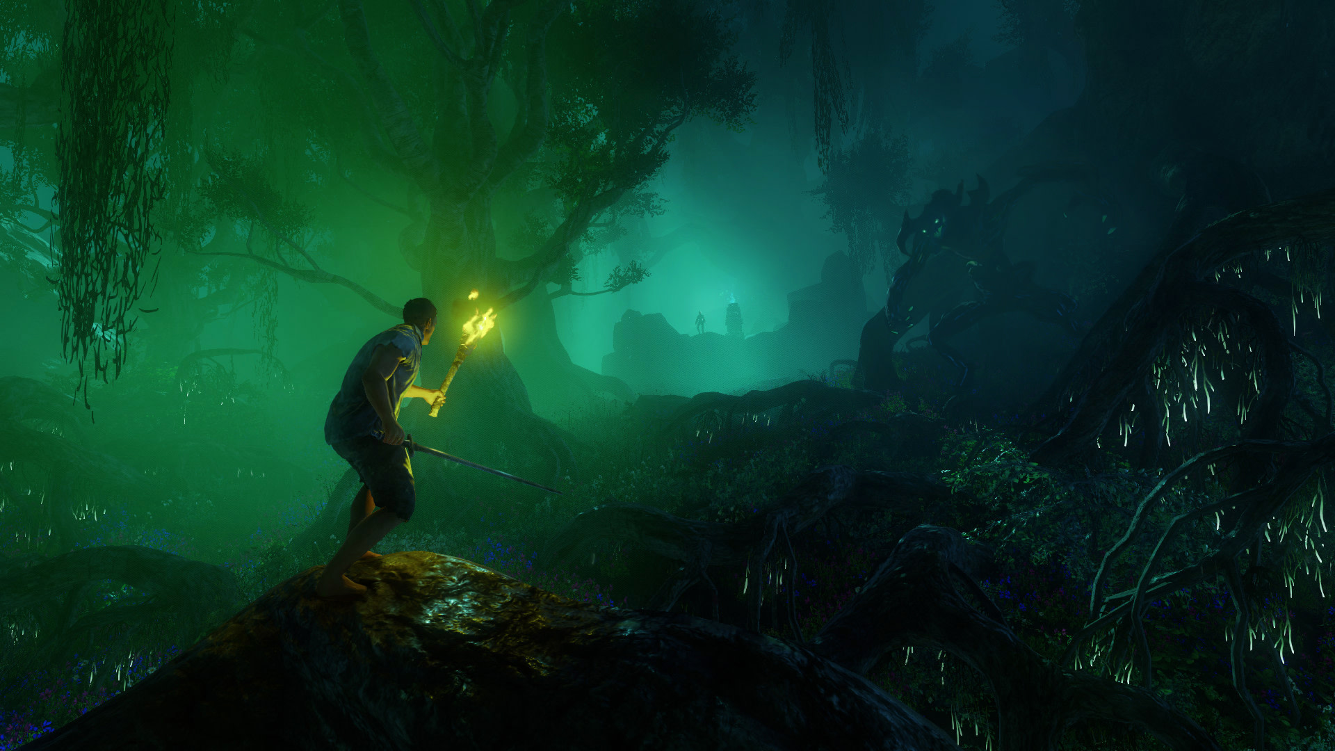 New World: Torchlight in the eerie green forest HD Wallpaper