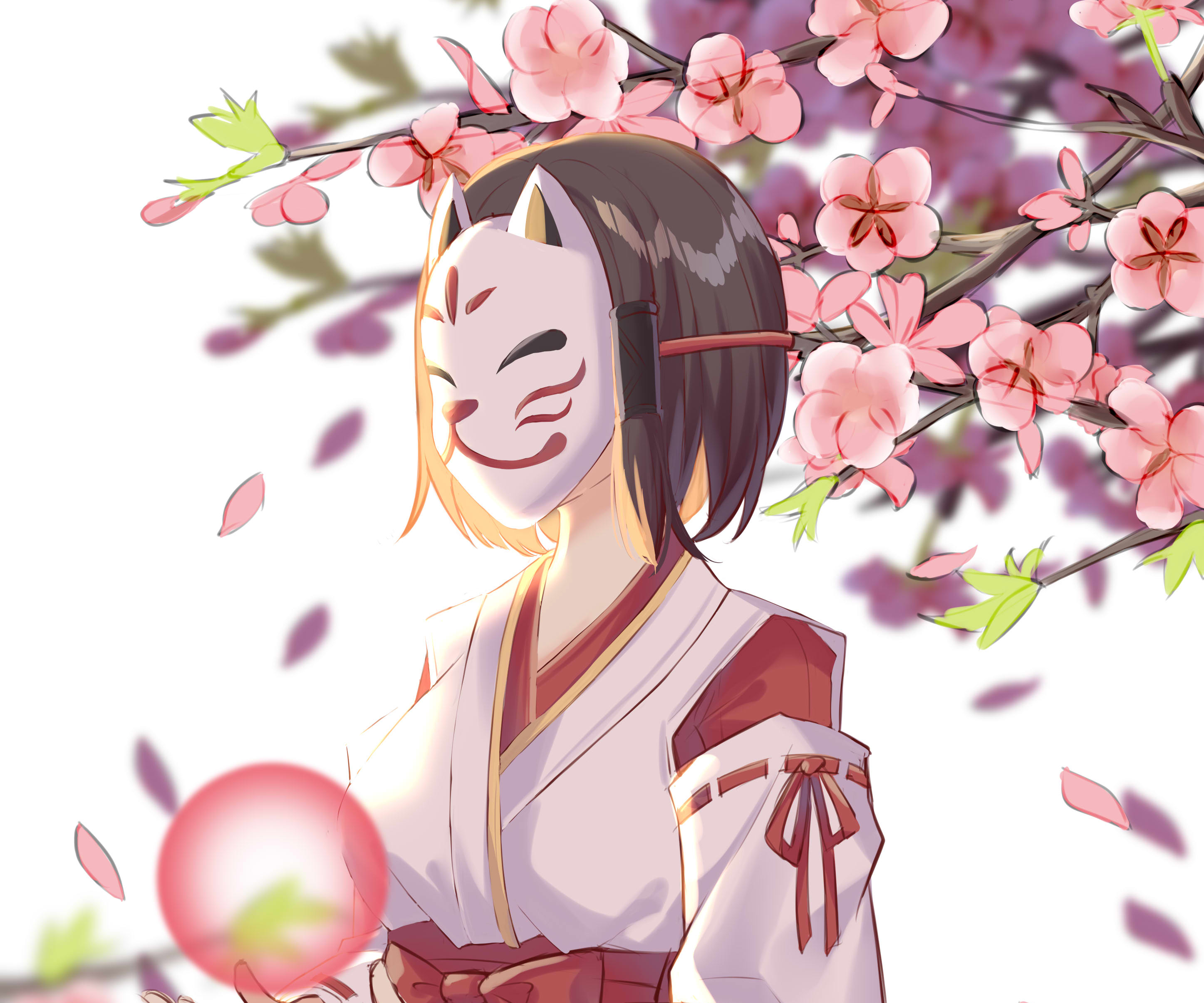 Kazari with Kitsune Mask, Glowing Orb, and Cherry Blossoms HD Wallpaper