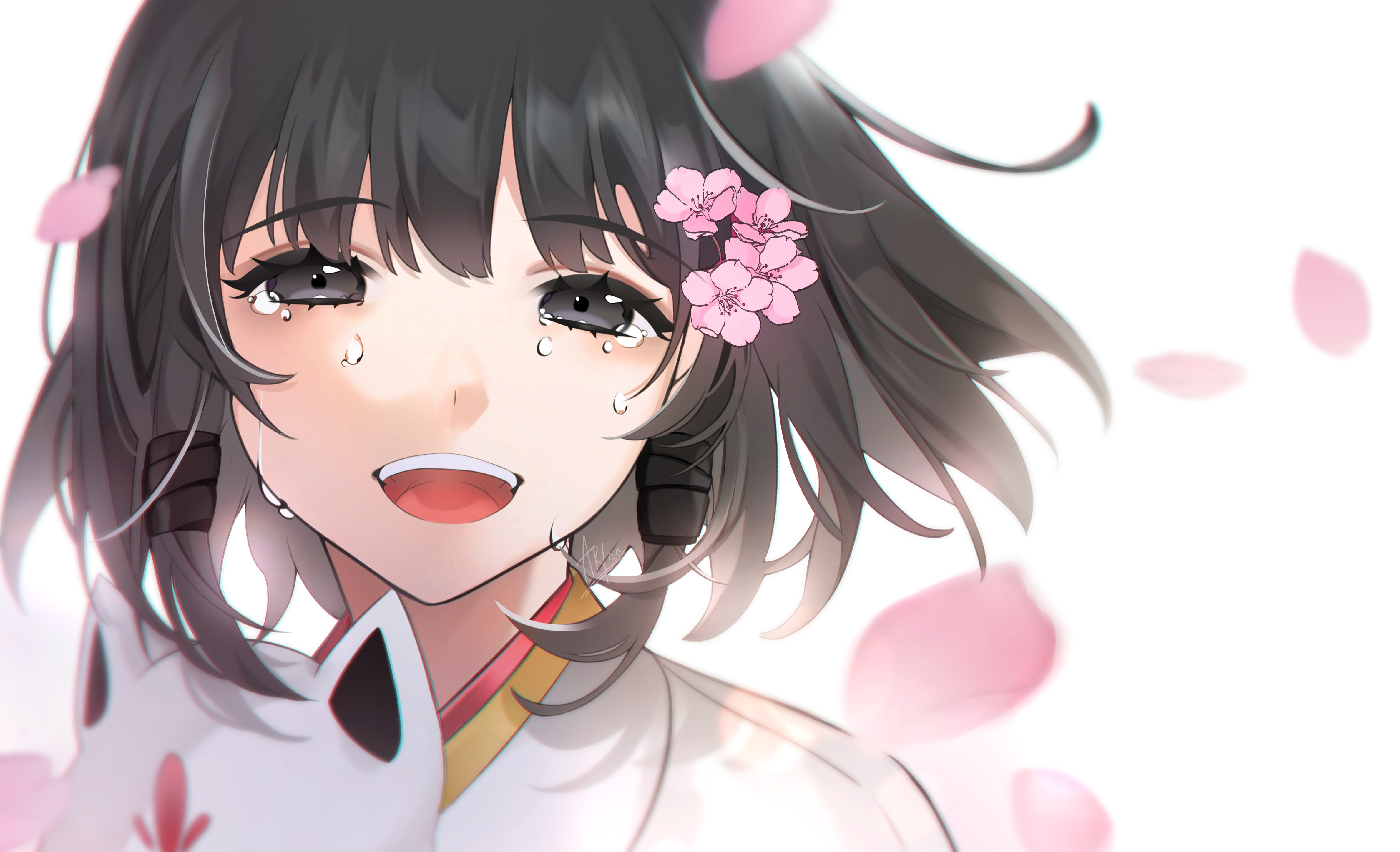 Kazari (Genshin Impact) crying and smiling with cherry blossoms HD Wallpaper