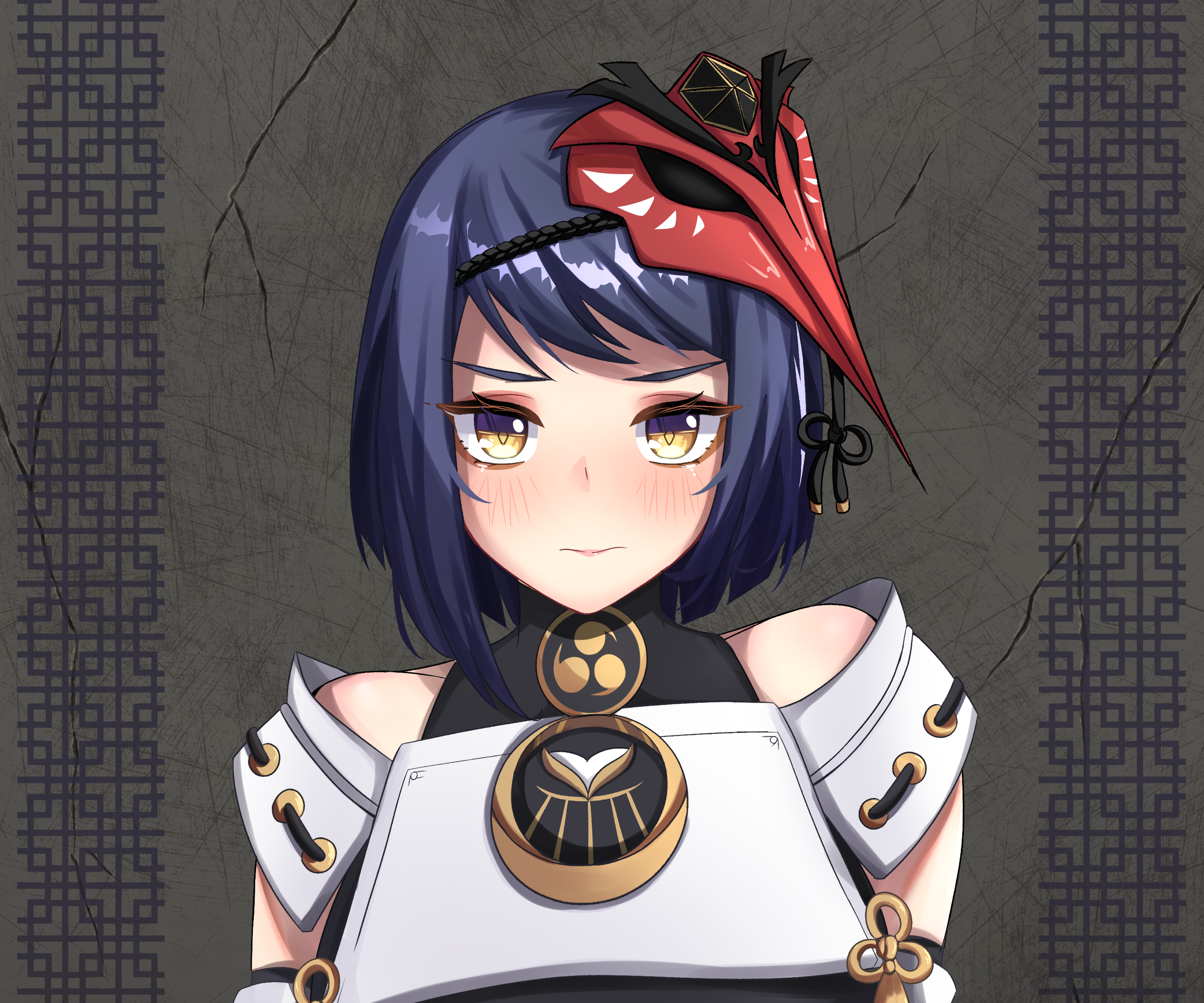 Kujou Sara looking shy with a red mask HD Wallpaper