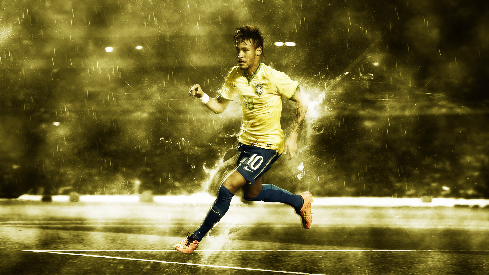 Neymar running for Brazil in golden rain HD Wallpaper