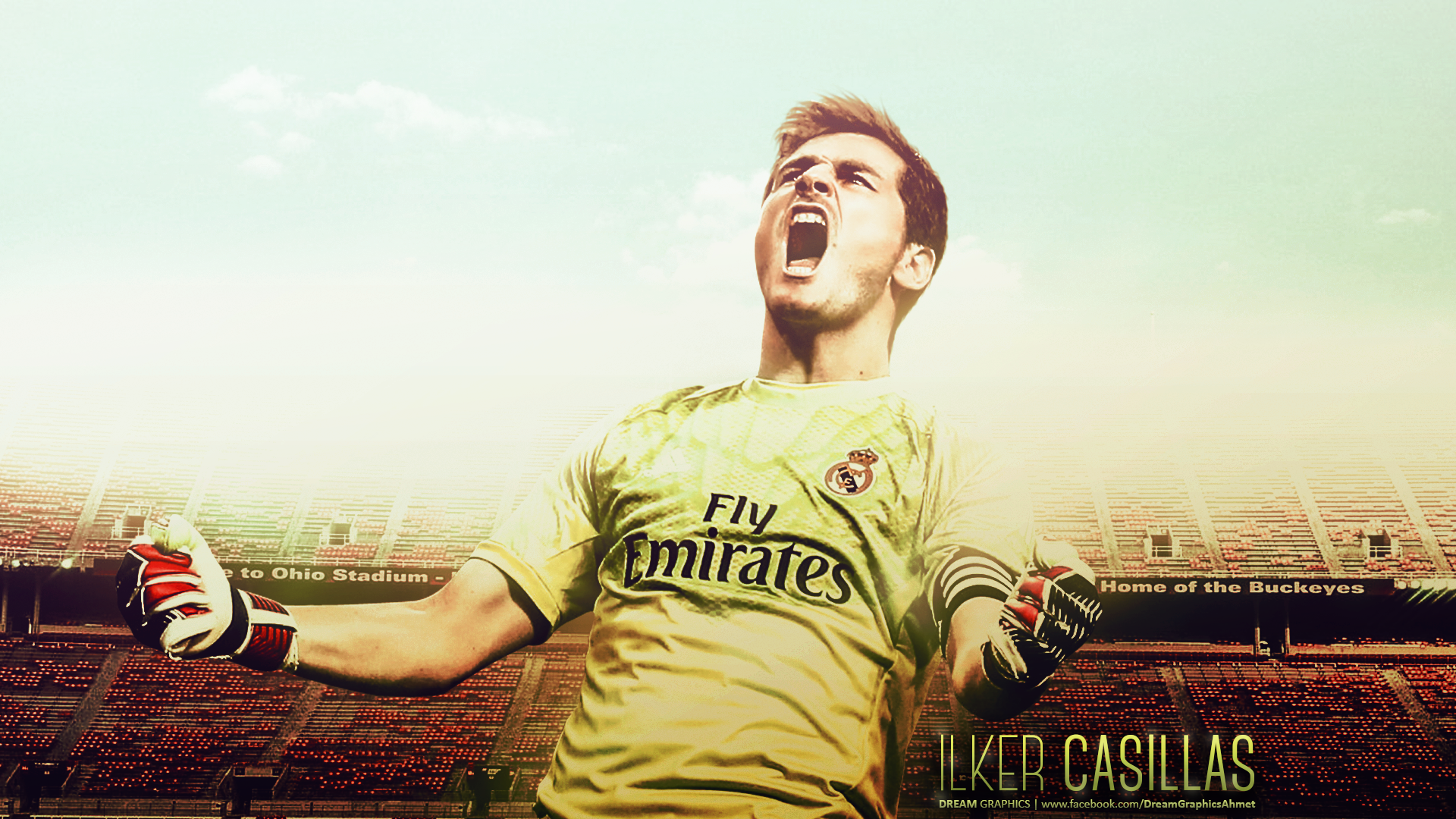 Iker Casillas triumphant Real Madrid goalkeeper celebration in stadium HD Wallpaper