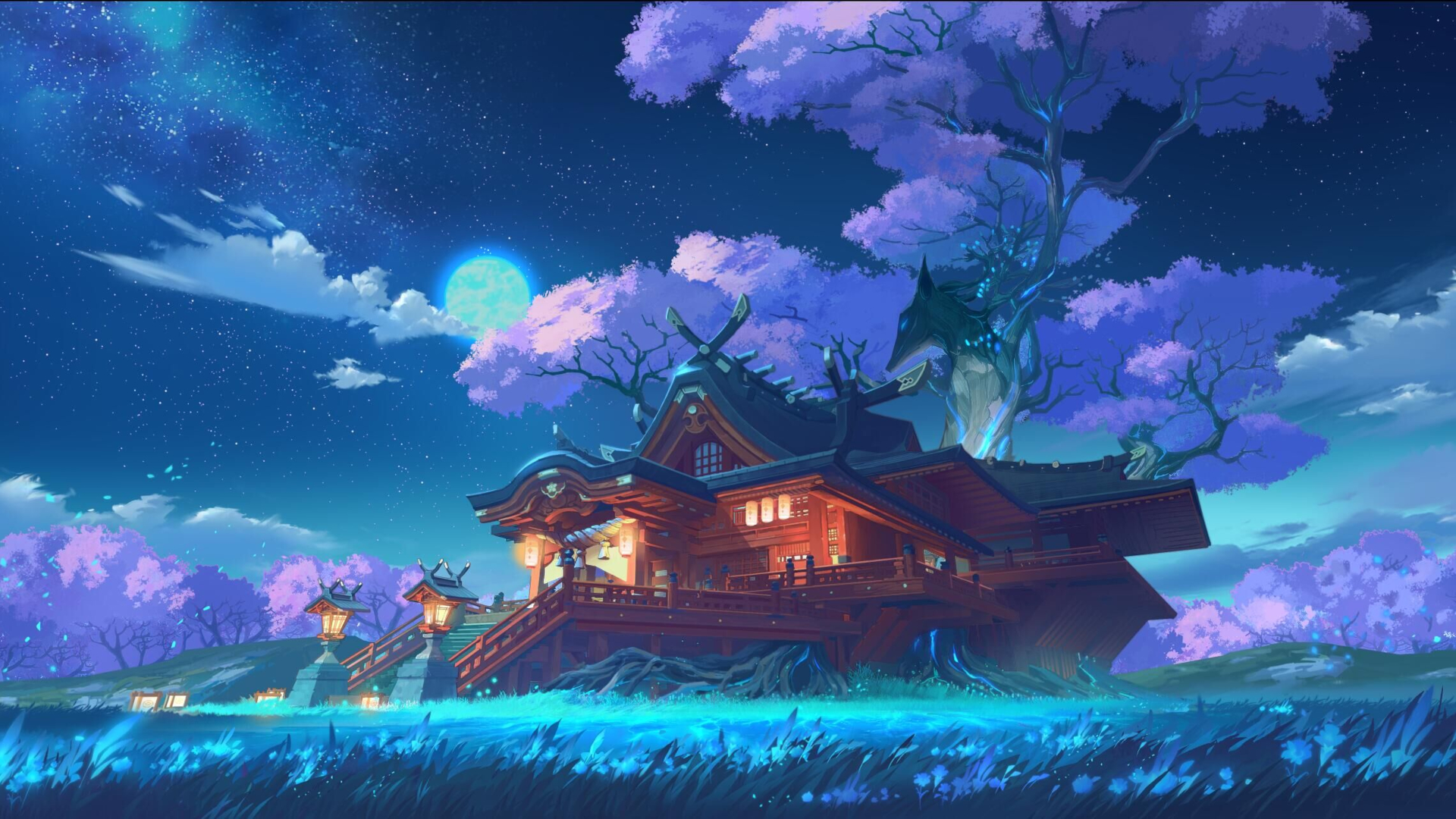 Inazuma Grand Narukami Shrine under starry night sky HD Wallpaper