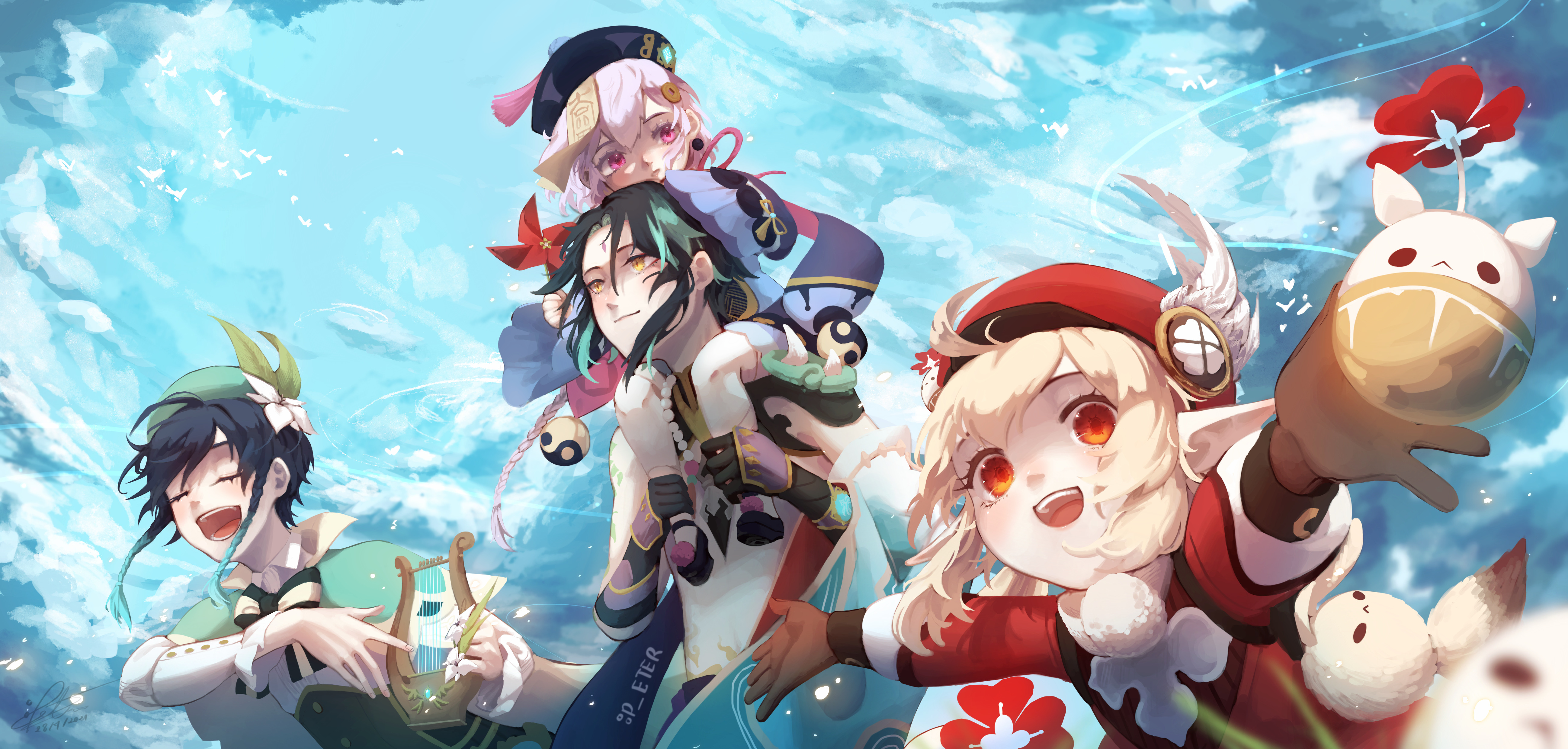 Genshin Impact Venti, Xiao, Qiqi, Klee cheerful sky HD Wallpaper