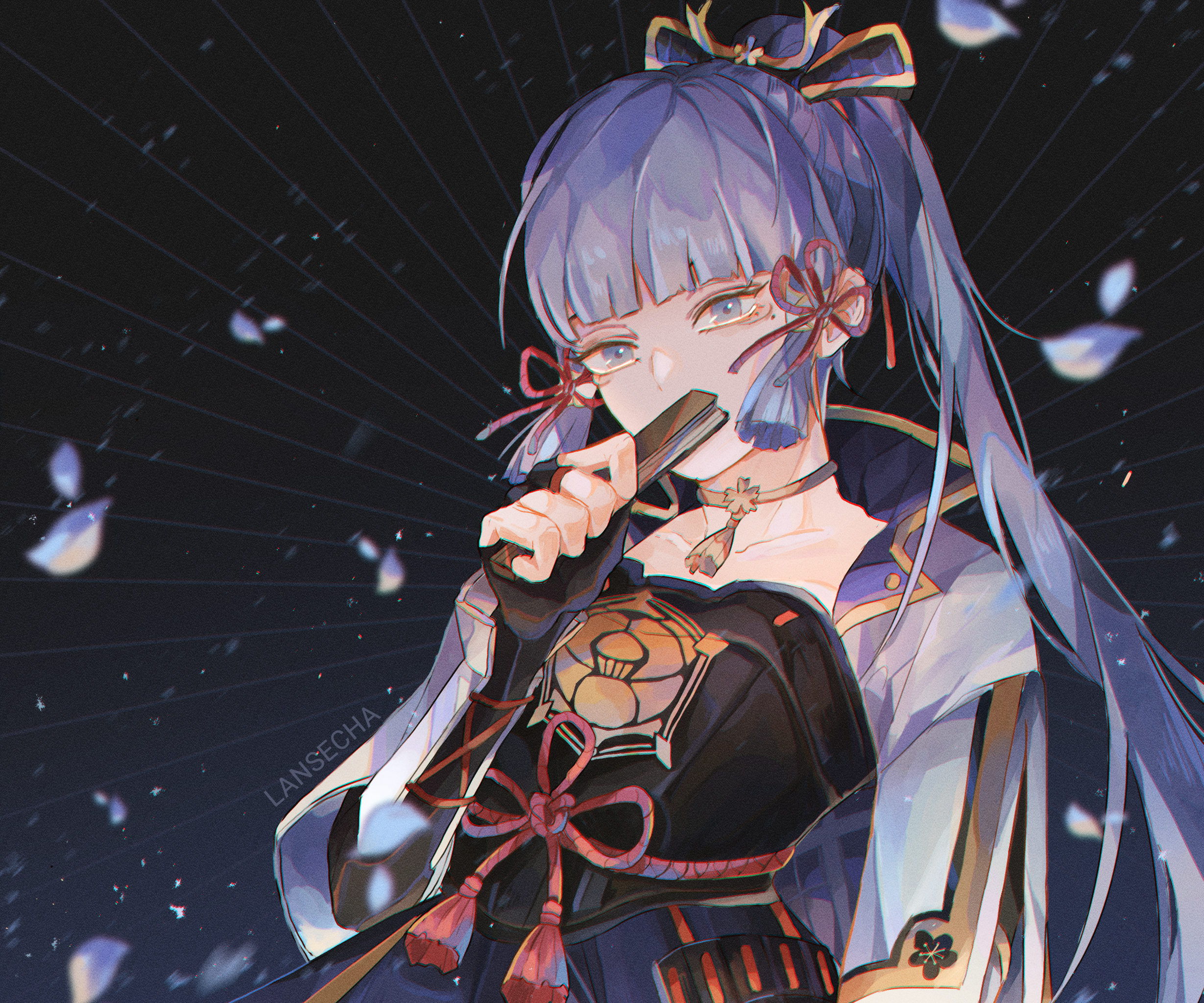 Kamisato Ayaka with a fan and falling petals HD Wallpaper
