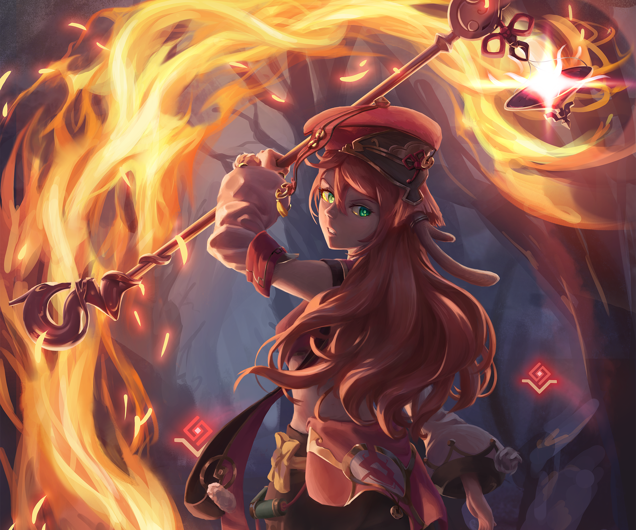 Yanfei Casting Flames with Magical Staff HD Wallpaper