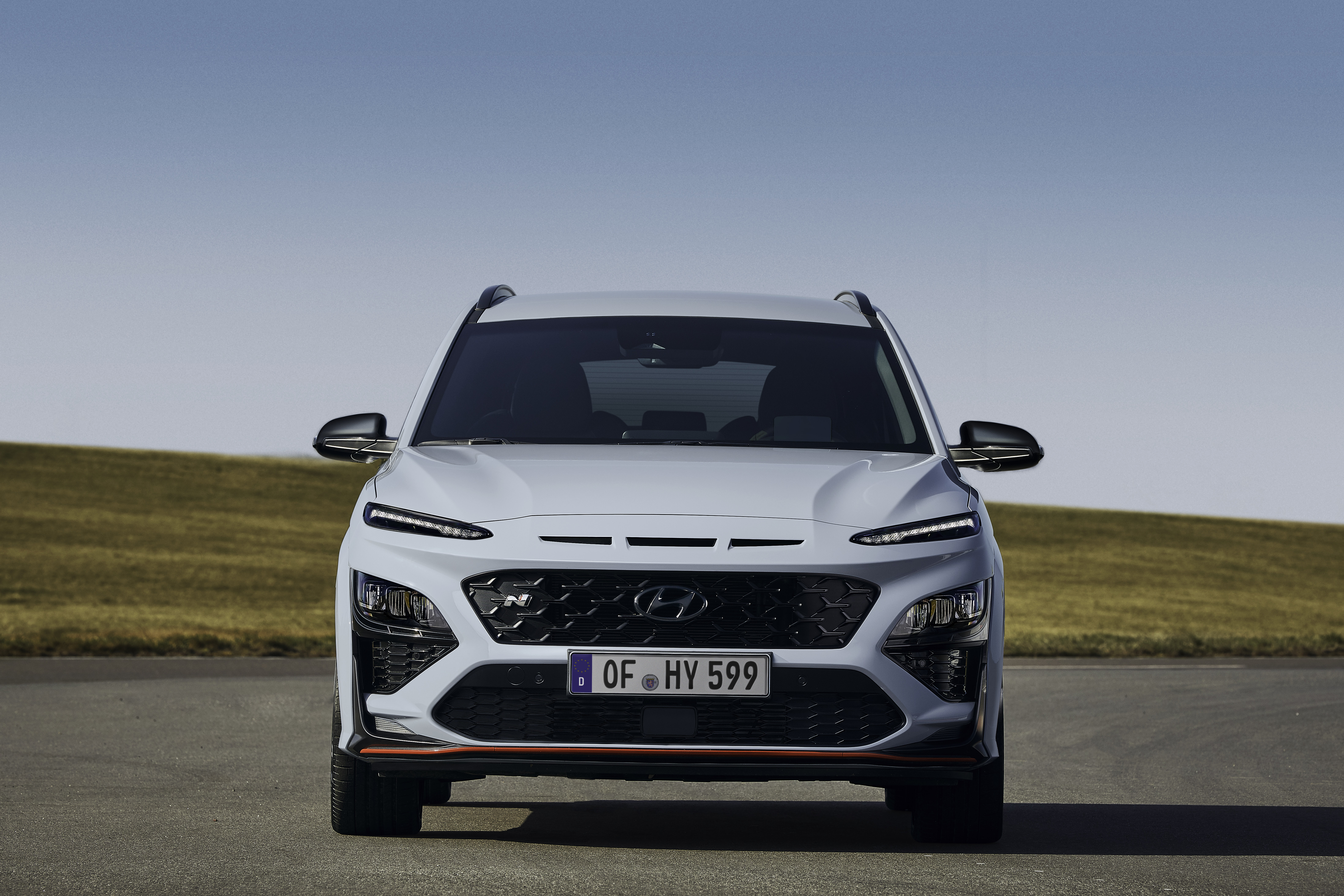 Front view of a white Hyundai Kona N SUV HD Wallpaper