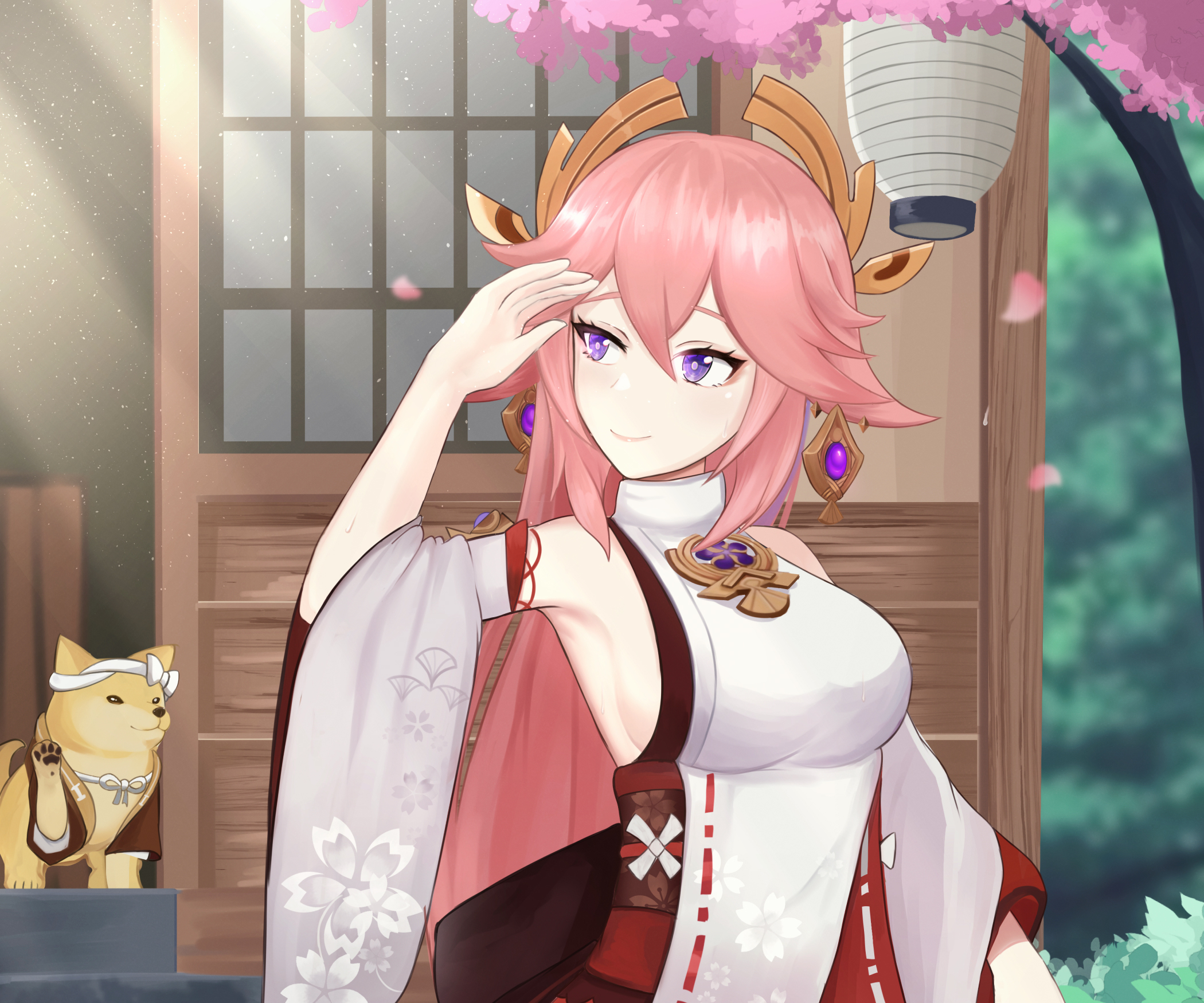 Yae Miko with cherry blossoms and Shiba Inu HD Wallpaper