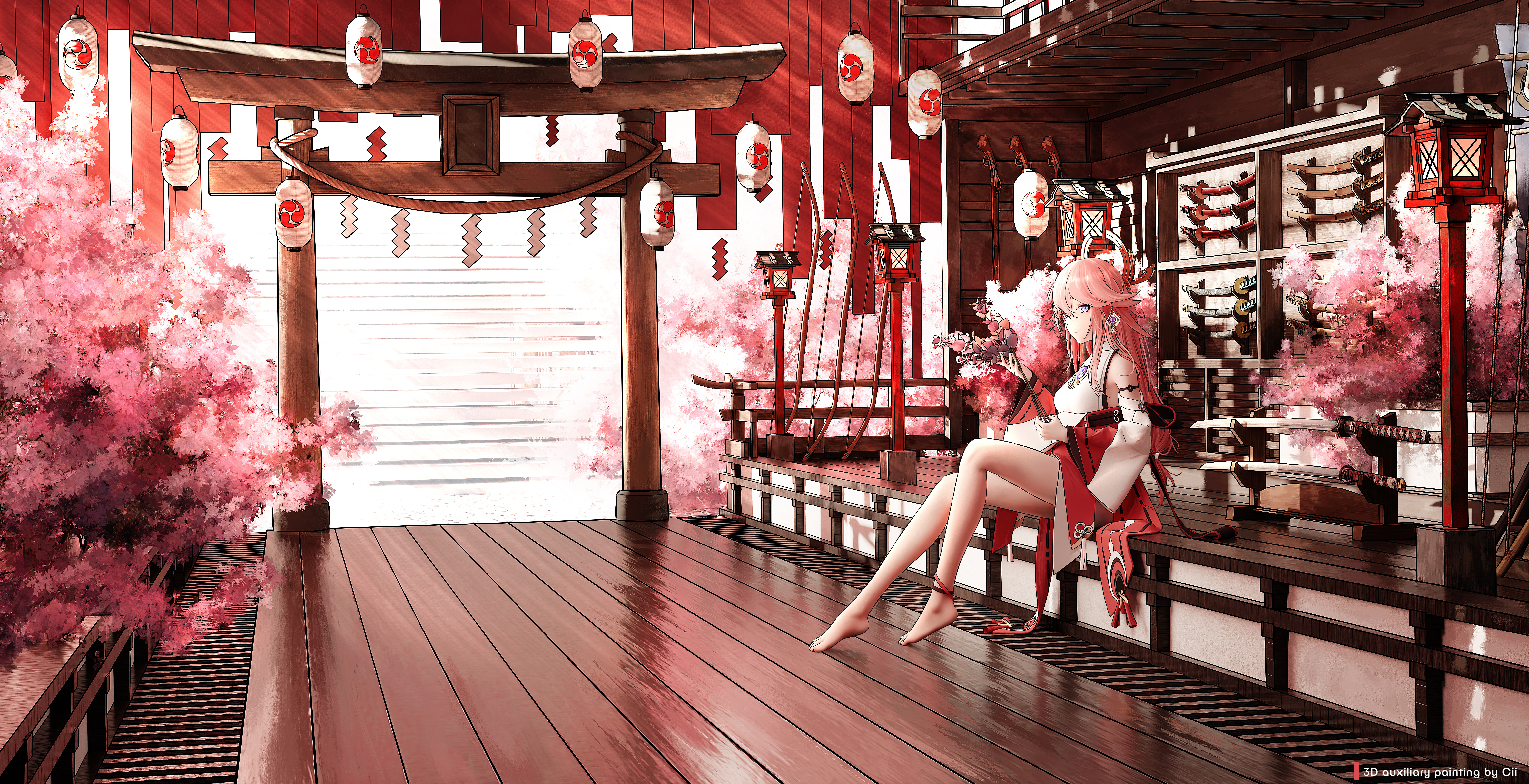 Yae Miko Guuji in Traditional Shrine Setting 4K HD Wallpaper