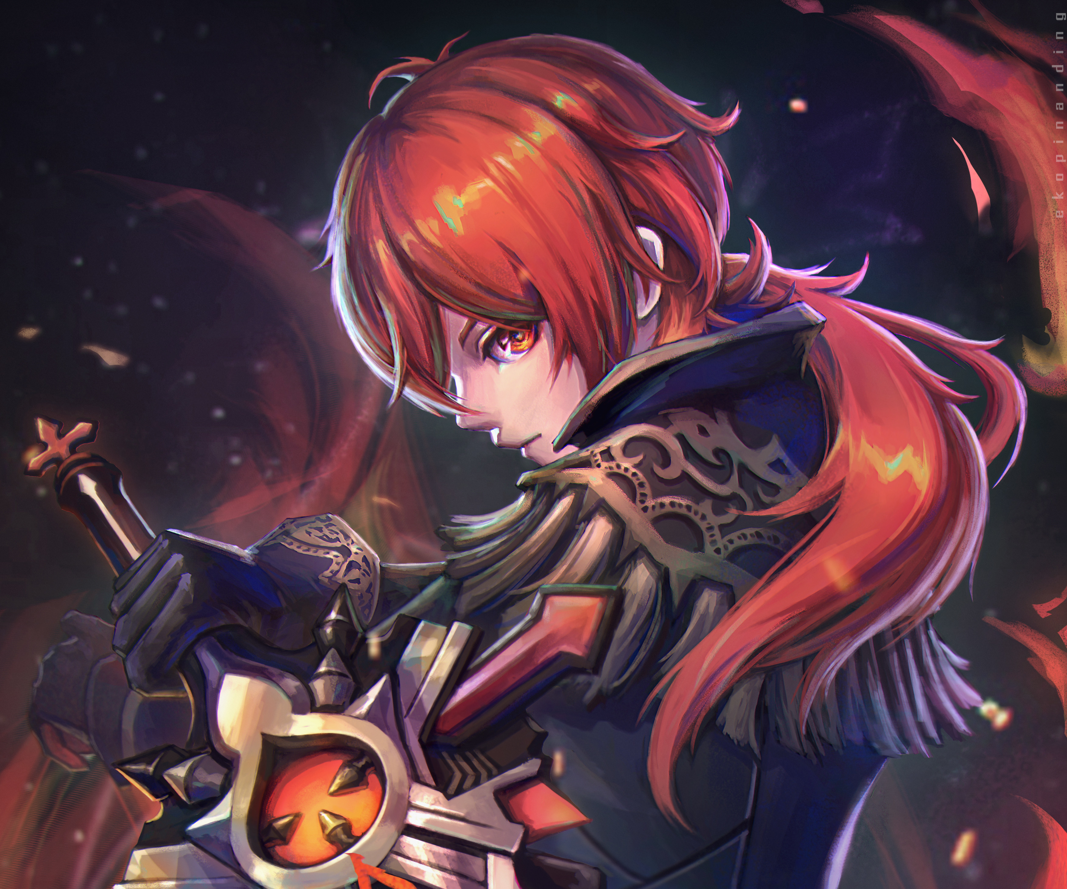 Diluc (Genshin Impact) with fiery determination HD Wallpaper